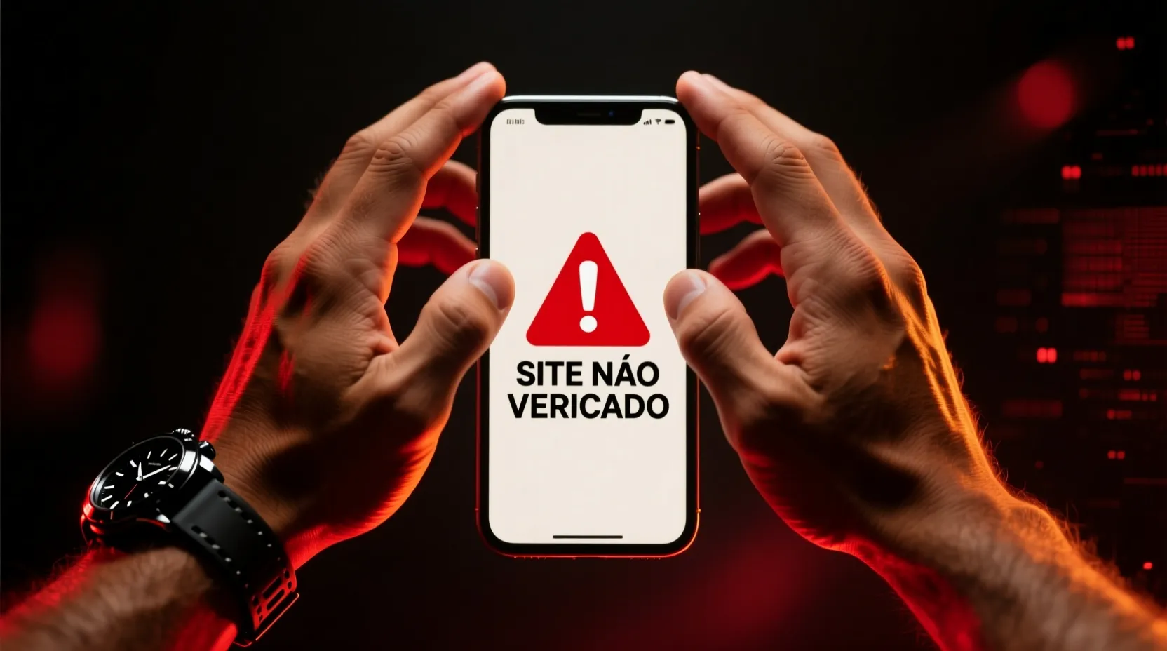 Mãos protegendo um smartphone com ícone de alerta, representando cuidados com fraudes em apostas online