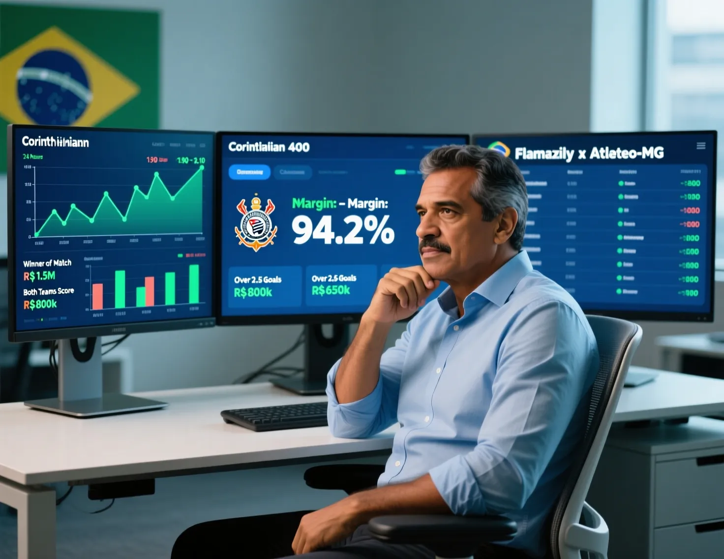 Analista profissional de apostas esportivas trabalhando com múltiplas telas de dados estatísticos