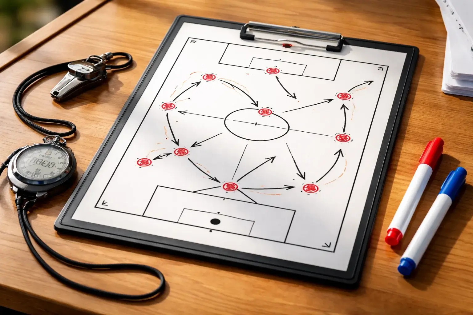 Prancheta tática de futebol com diagrama de formação e setas de movimentação sobre mesa de madeira