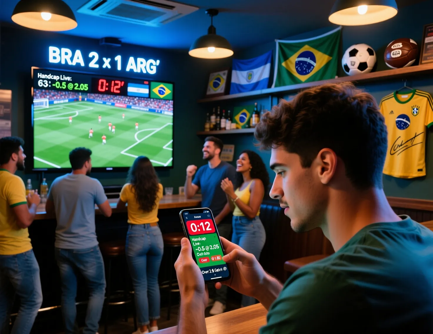 Pessoas assistindo partida de futebol ao vivo em bar esportivo acompanhando atualizações no smartphone