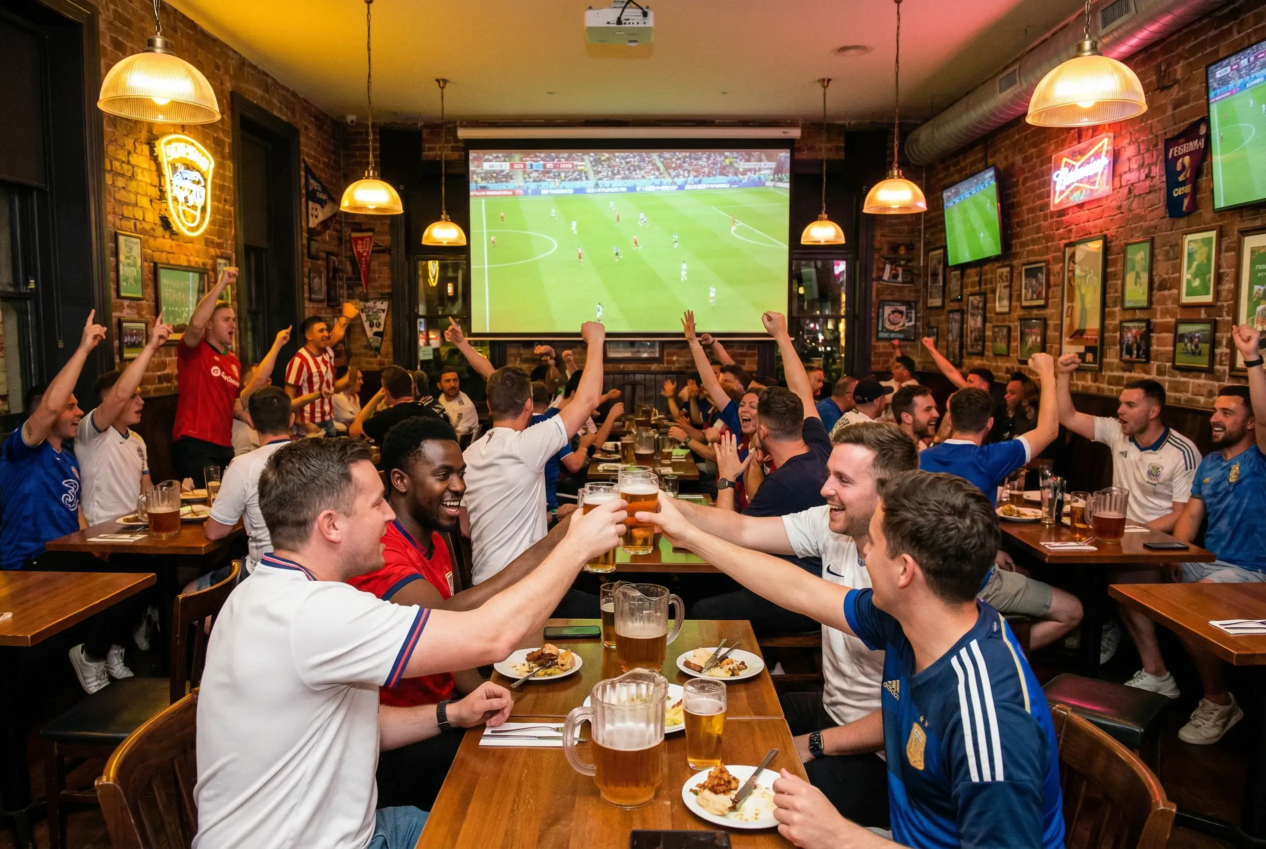 Torcedores assistindo partida de futebol em telão de bar esportivo