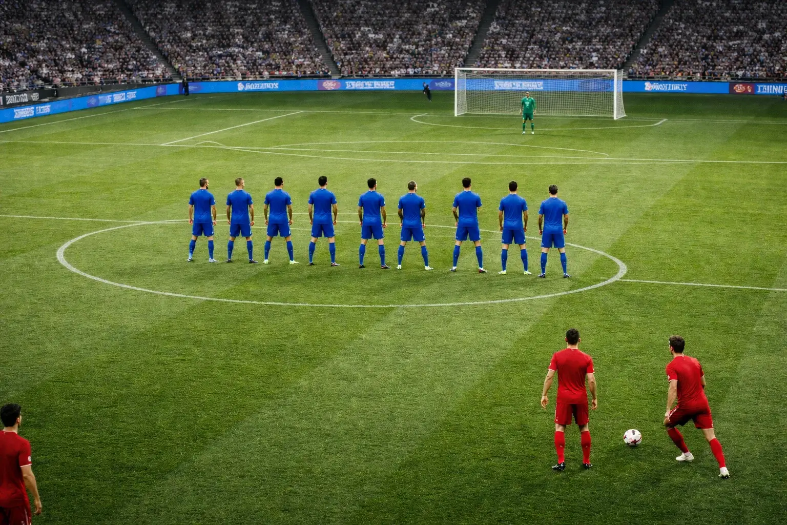 Time de futebol em formação defensiva organizada no campo