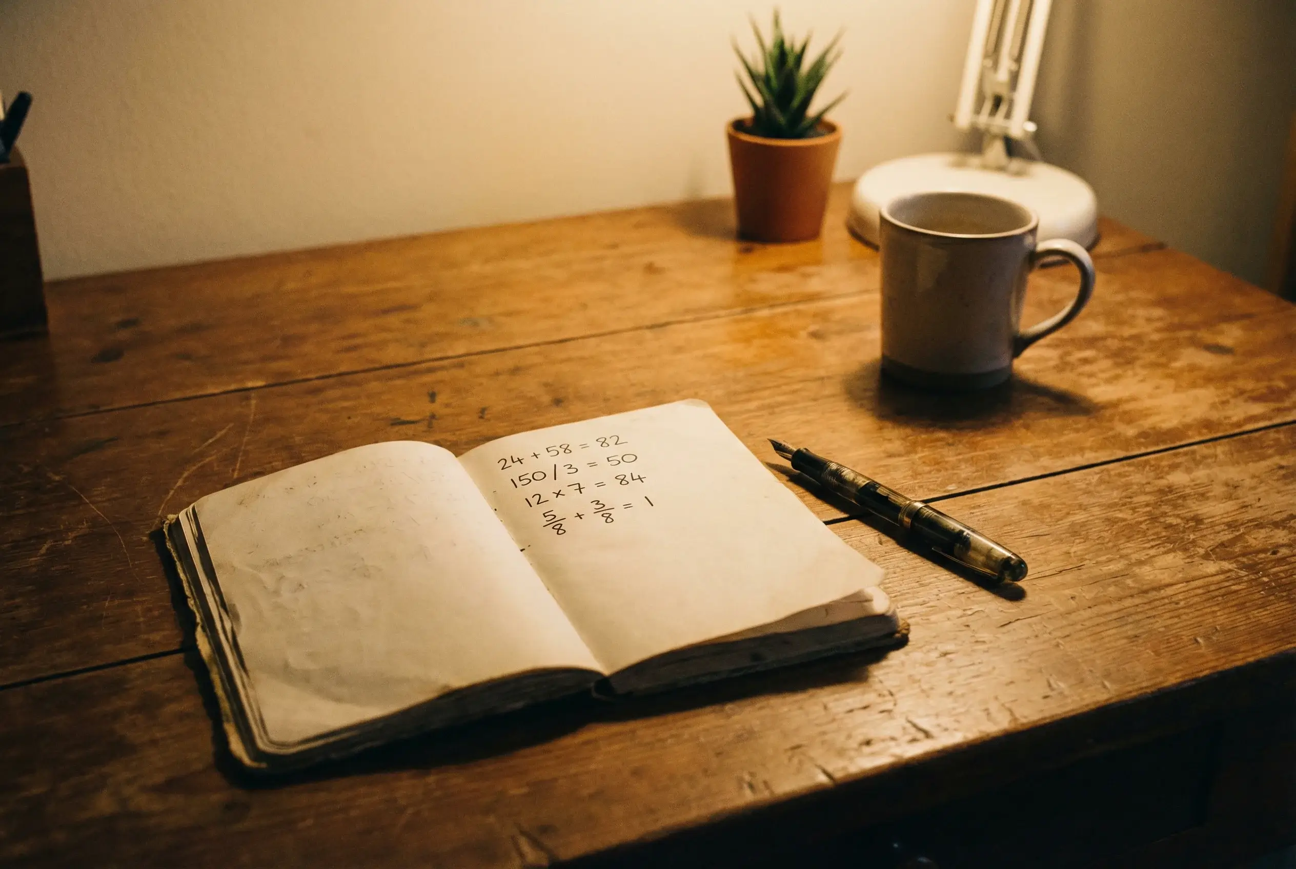 Mesa de trabalho com caderno aberto mostrando cálculos simples escritos à mão