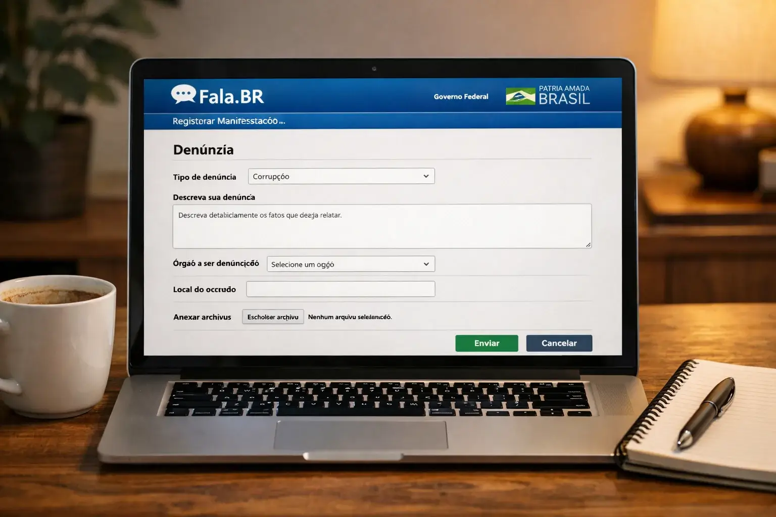Tela de computador mostrando plataforma Fala.BR para denúncias e reclamações