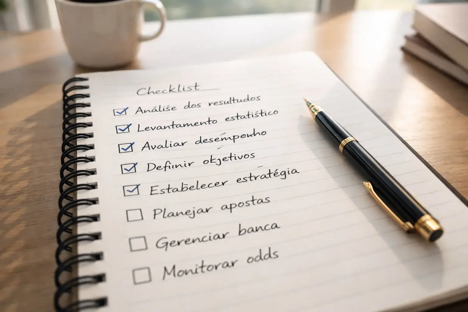 Caderno aberto com checklist manuscrito e caneta sobre mesa de escritório organizada
