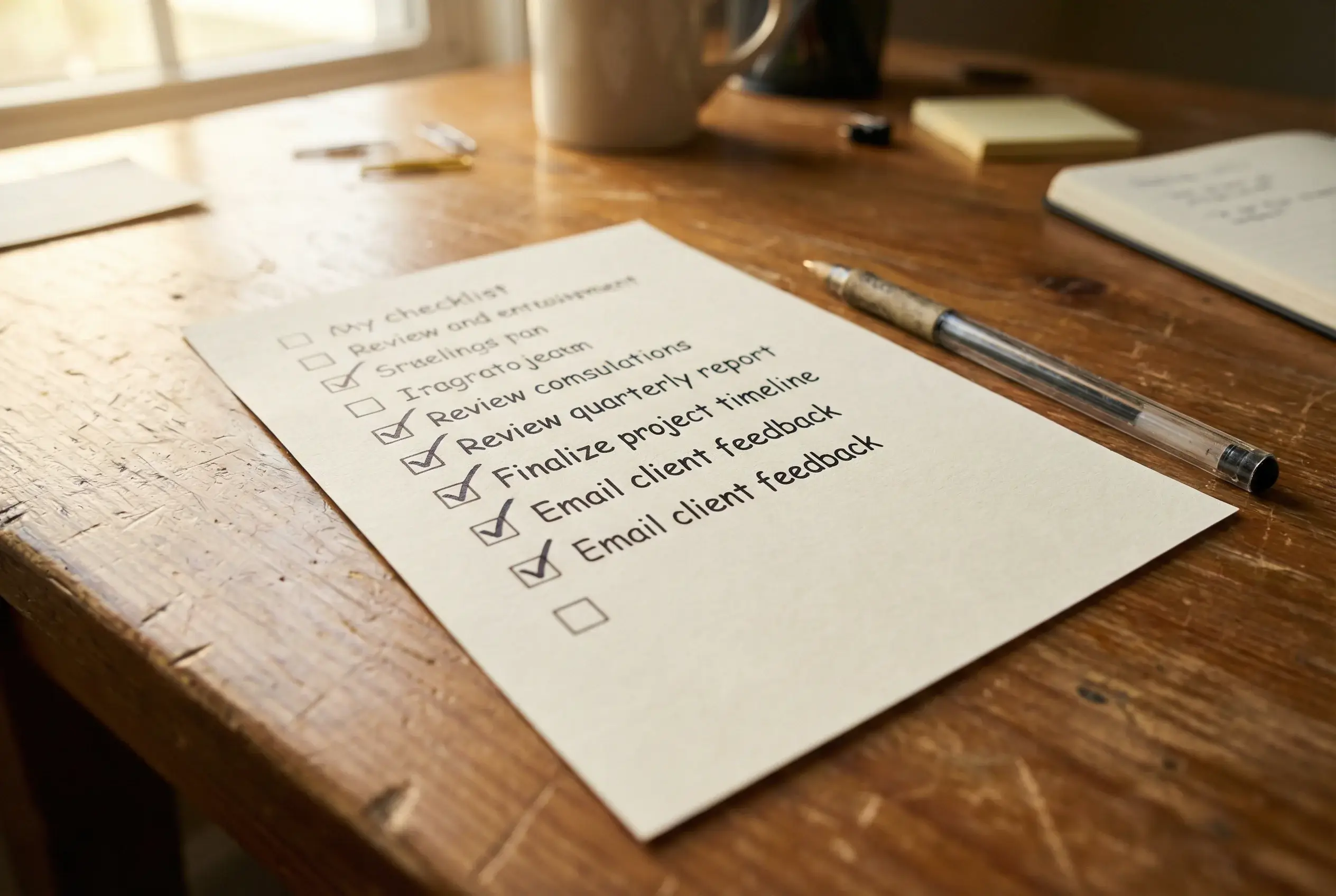 Lista de verificação com itens marcados em papel sobre mesa