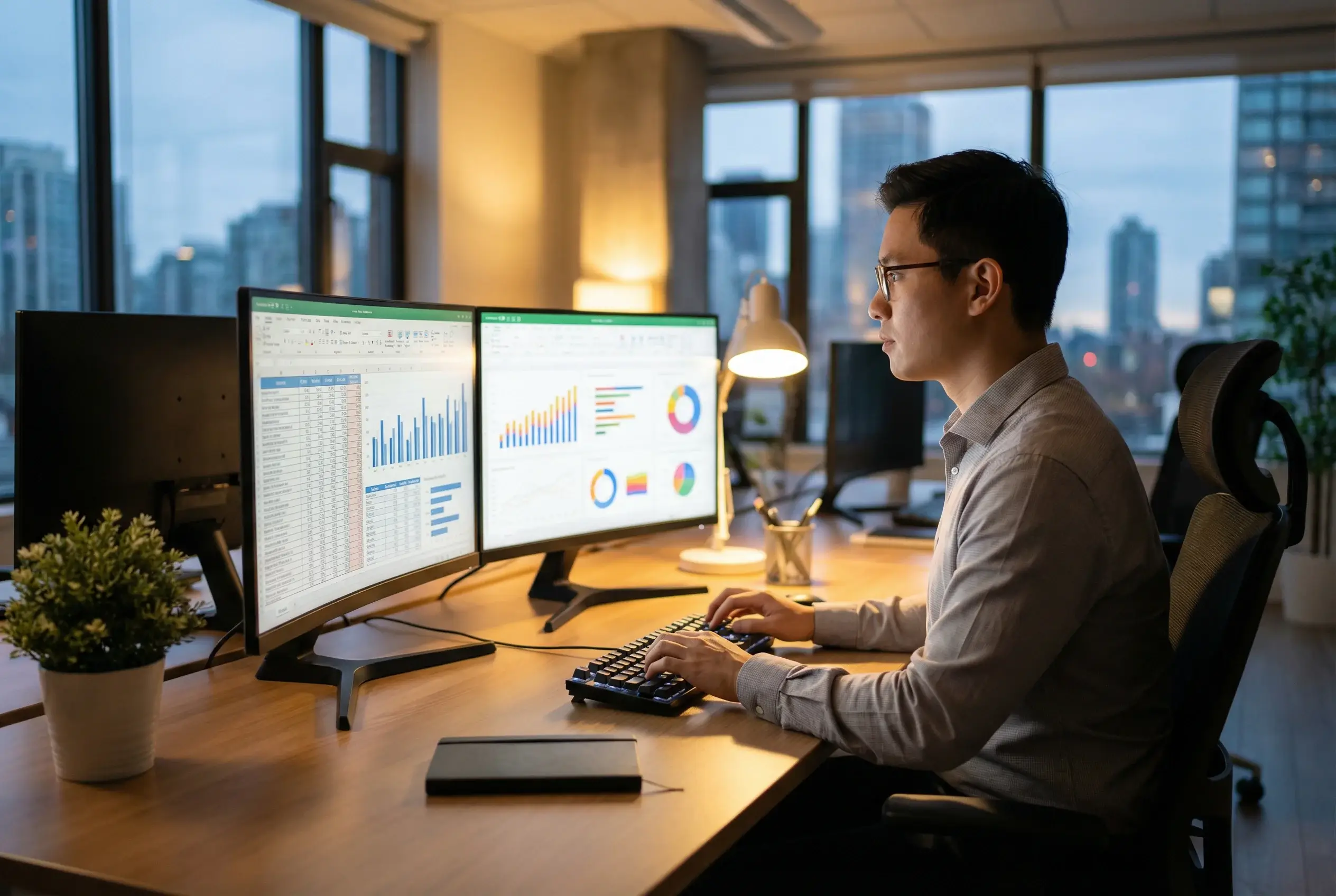 Pessoa comparando informações em dois monitores de computador lado a lado