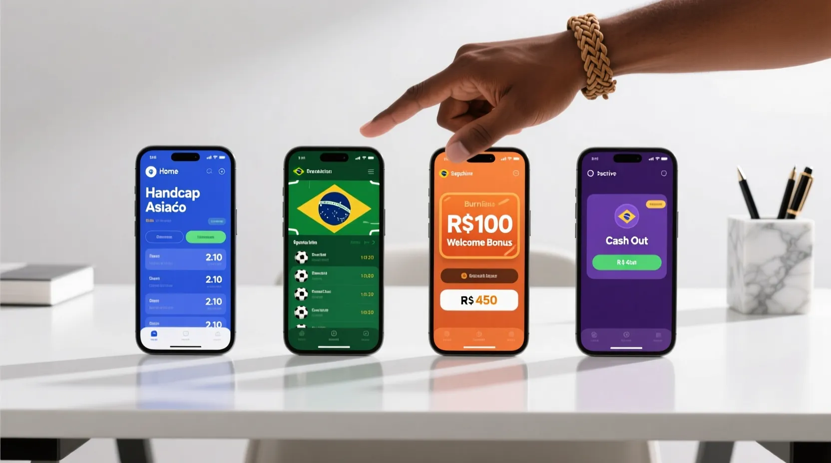 Quatro smartphones em fileira mostrando diferentes interfaces de aplicativos de apostas para comparação
