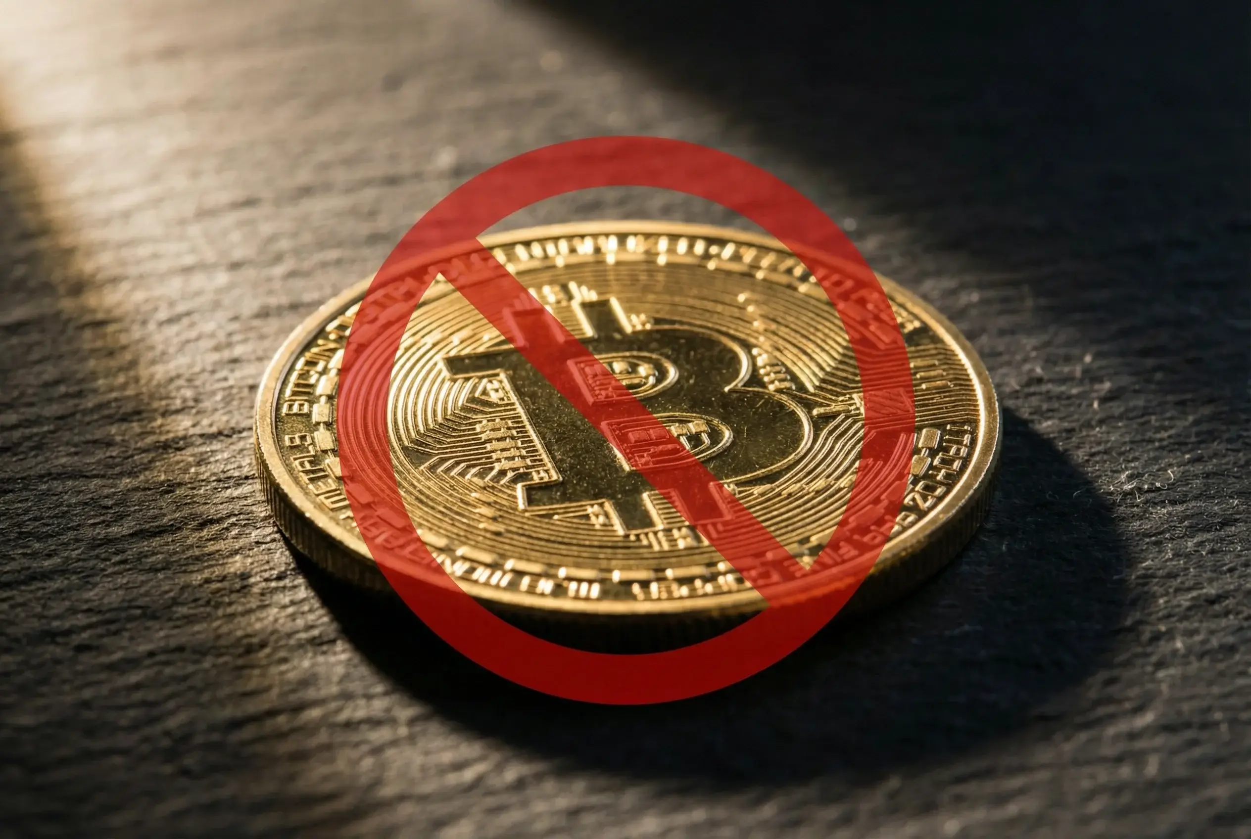 Símbolo de Bitcoin com sinal de bloqueio representando proibição de criptomoedas