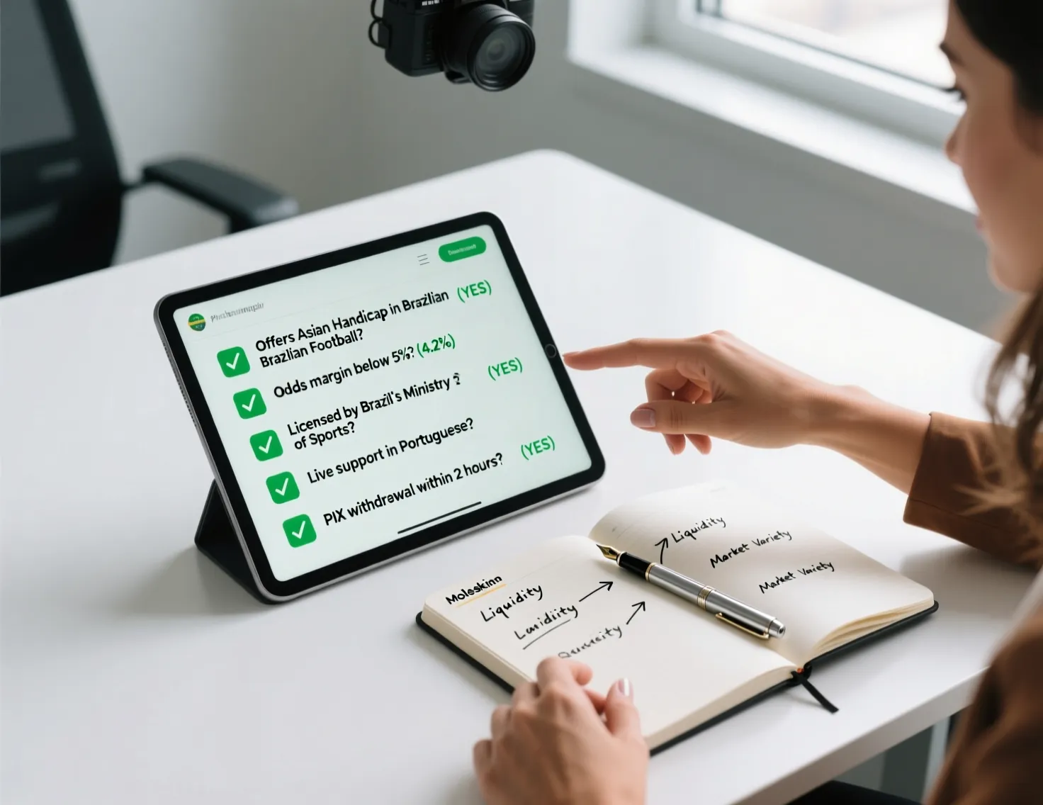 Tablet com checklist de avaliação e caderno de notas organizadas para comparação de plataformas