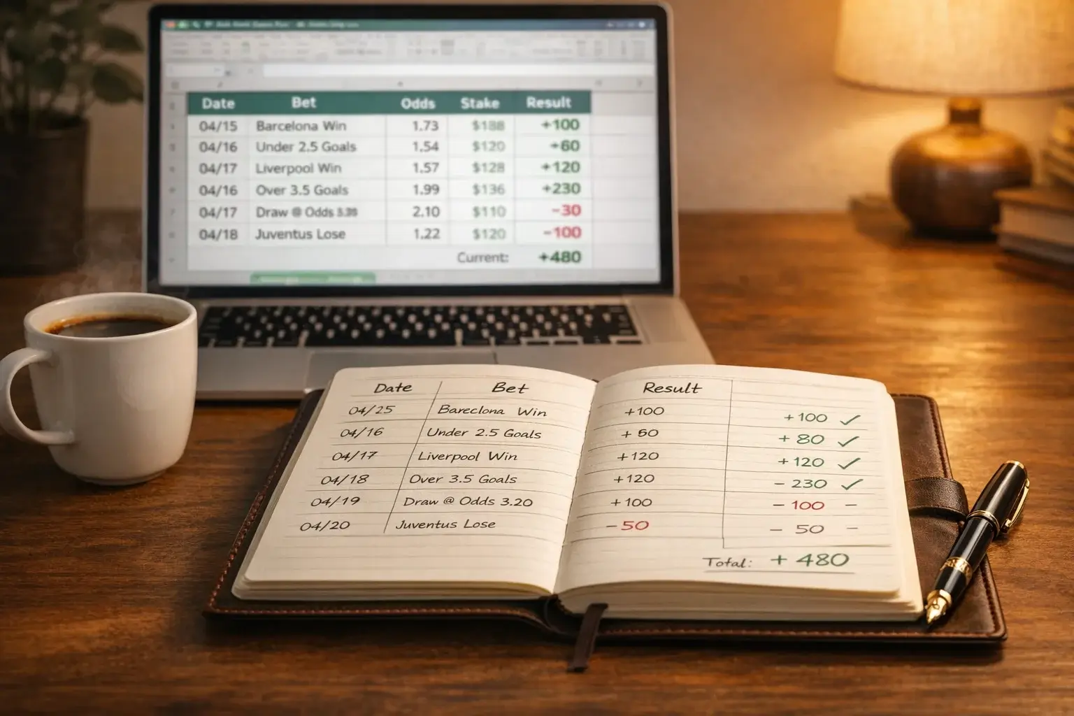Mesa de estudo com caderno de anotações, laptop mostrando tabela de resultados e xícara de café
