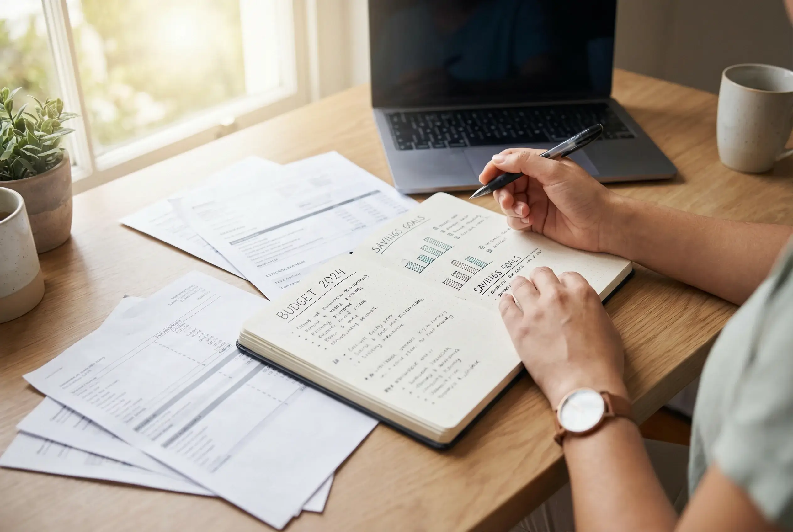 Pessoa organizando anotações de planejamento financeiro em mesa de trabalho