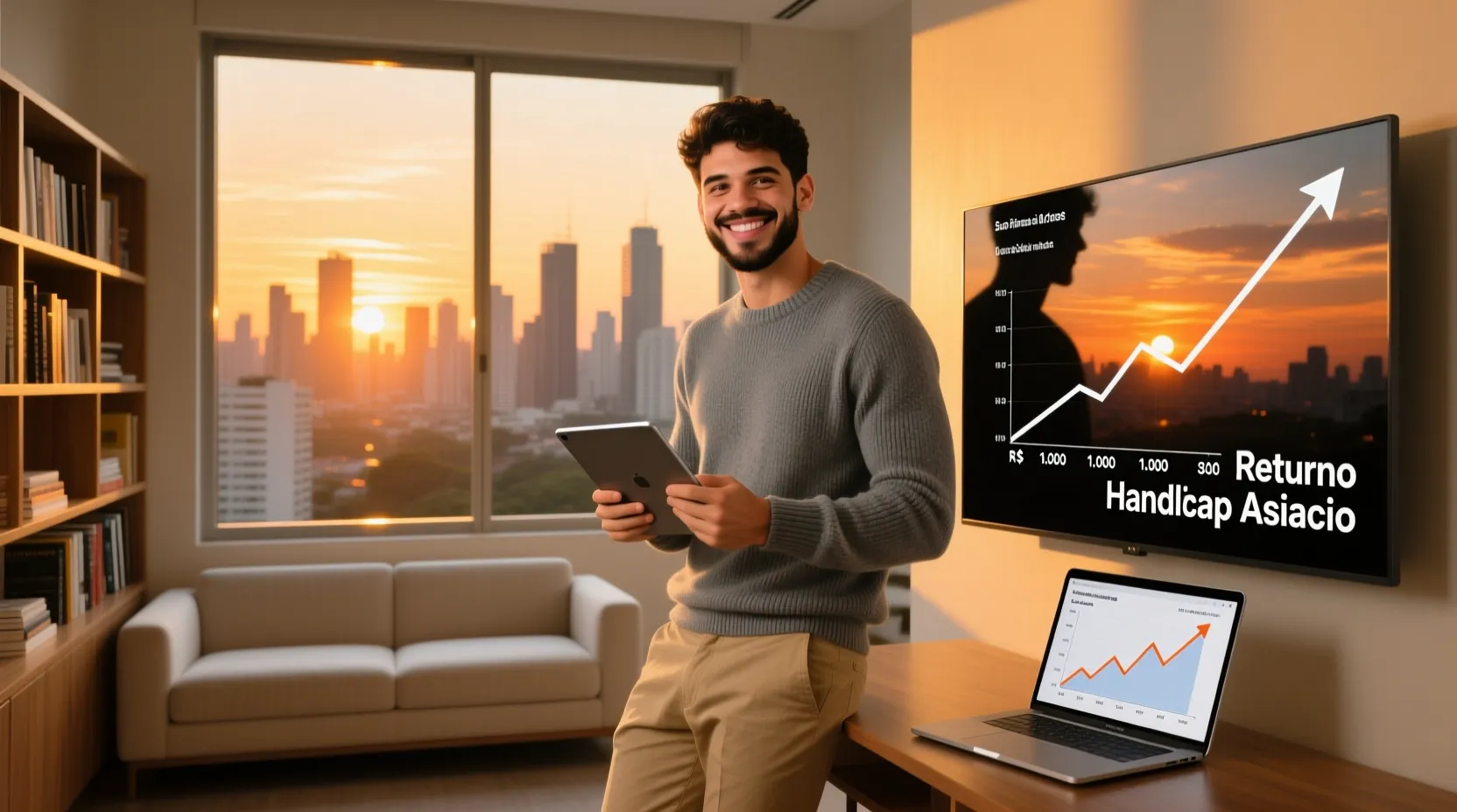 Jovem brasileiro confiante em apartamento moderno ao pôr do sol transmitindo sucesso e domínio do conhecimento
