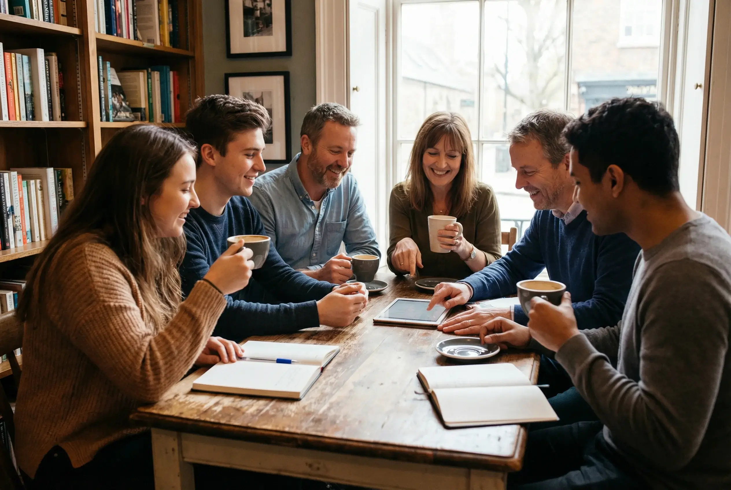 Grupo de pessoas conversando e compartilhando informações em ambiente casual