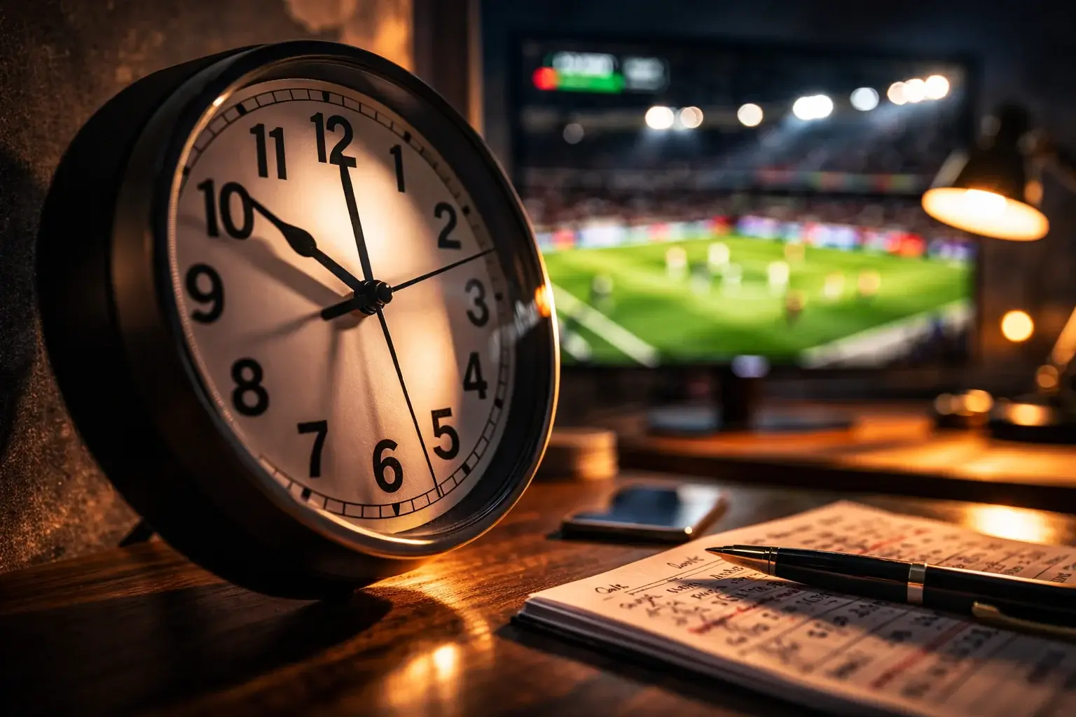 Relógio de parede mostrando tempo passando com campo de futebol desfocado ao fundo