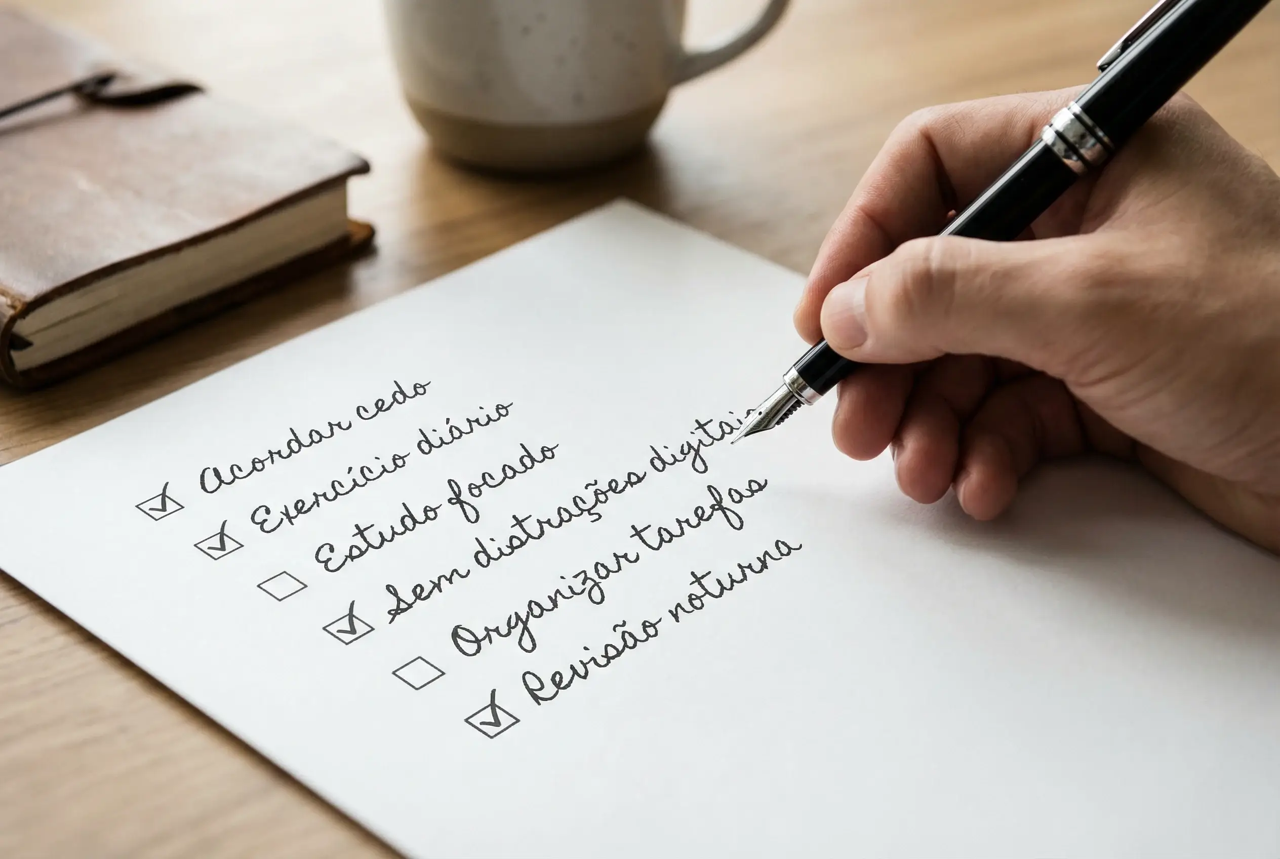 Mão segurando caneta sobre papel com lista de regras e checklist de disciplina