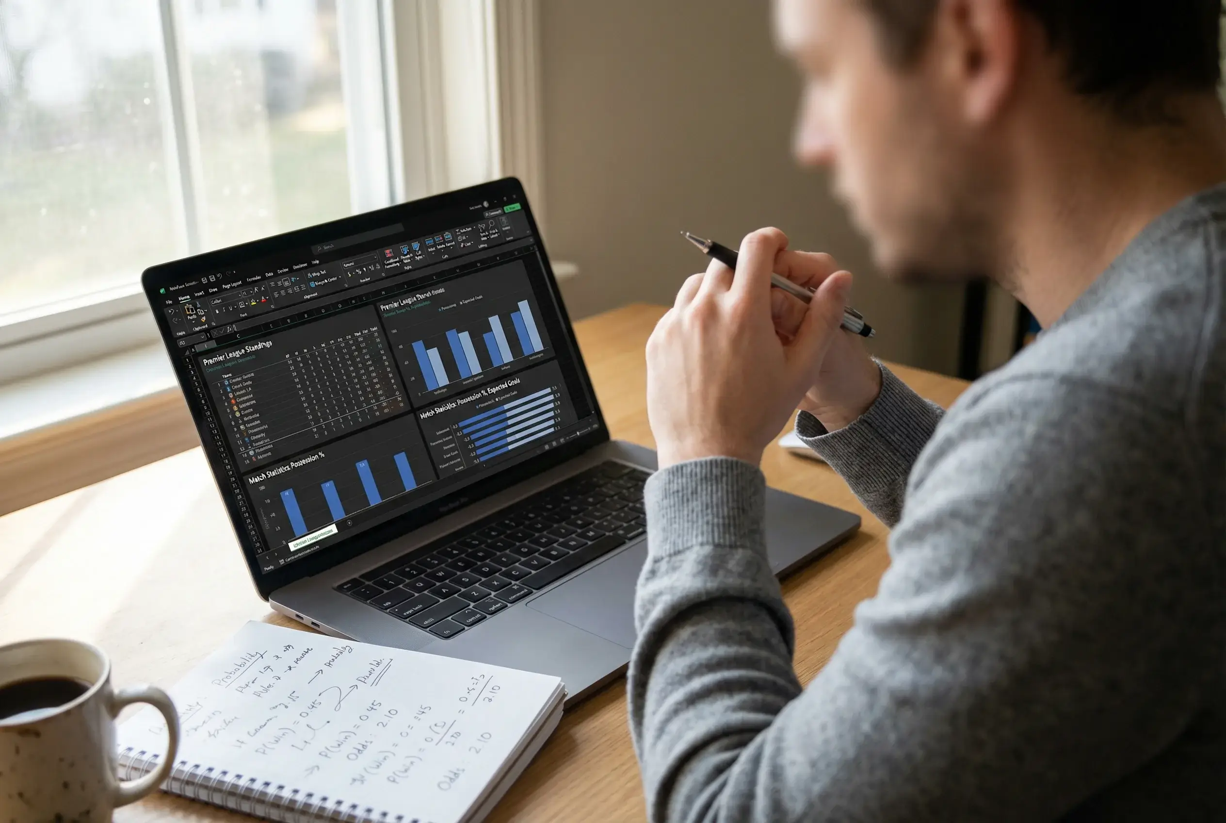Pessoa analisando estatísticas esportivas em laptop com anotações em papel ao lado