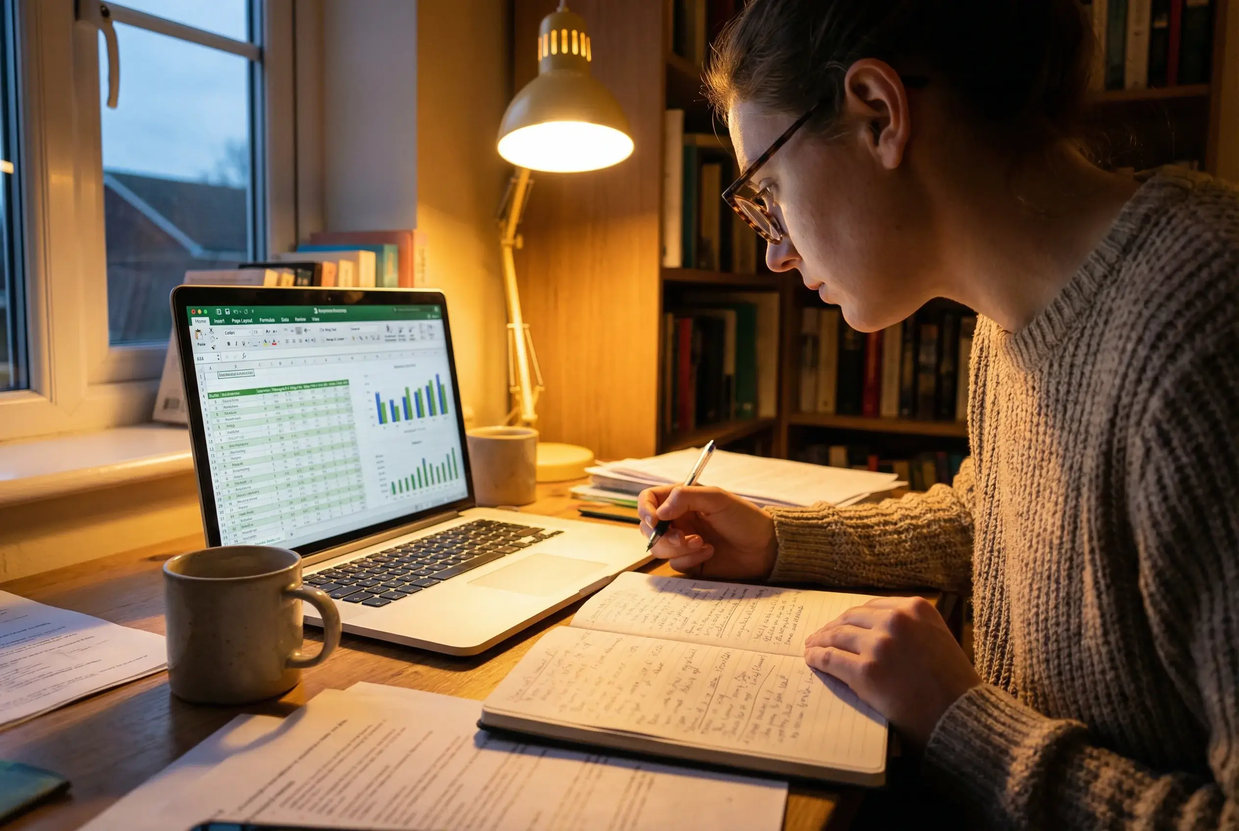 Pessoa estudando estatísticas de partidas em notebook com caderno ao lado