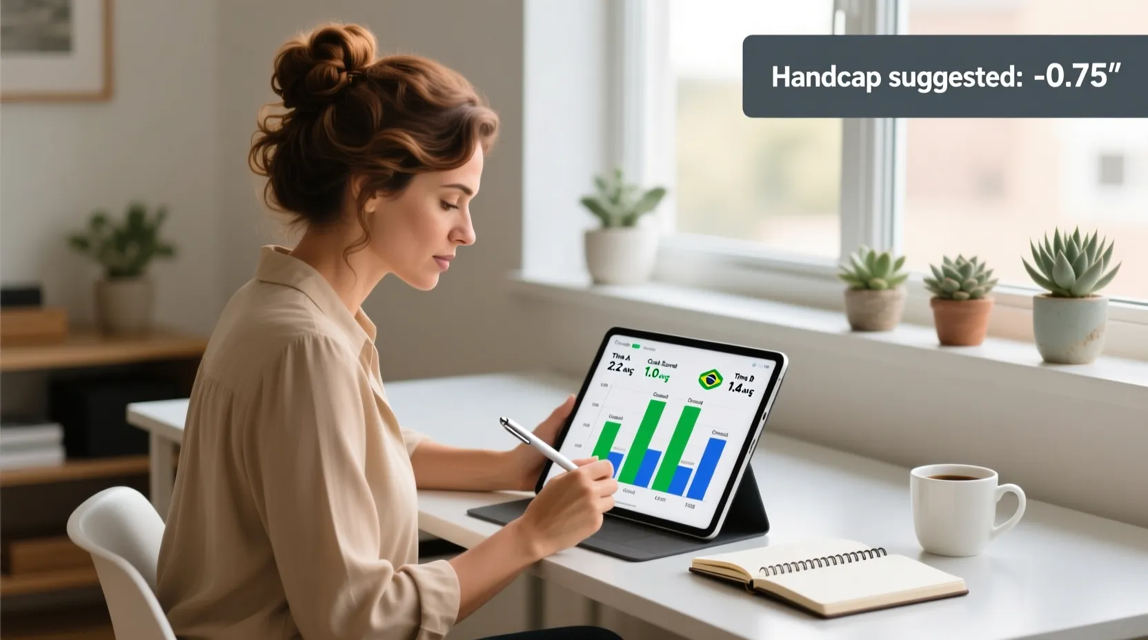 Profissional analisando dados esportivos em tablet com expressão concentrada