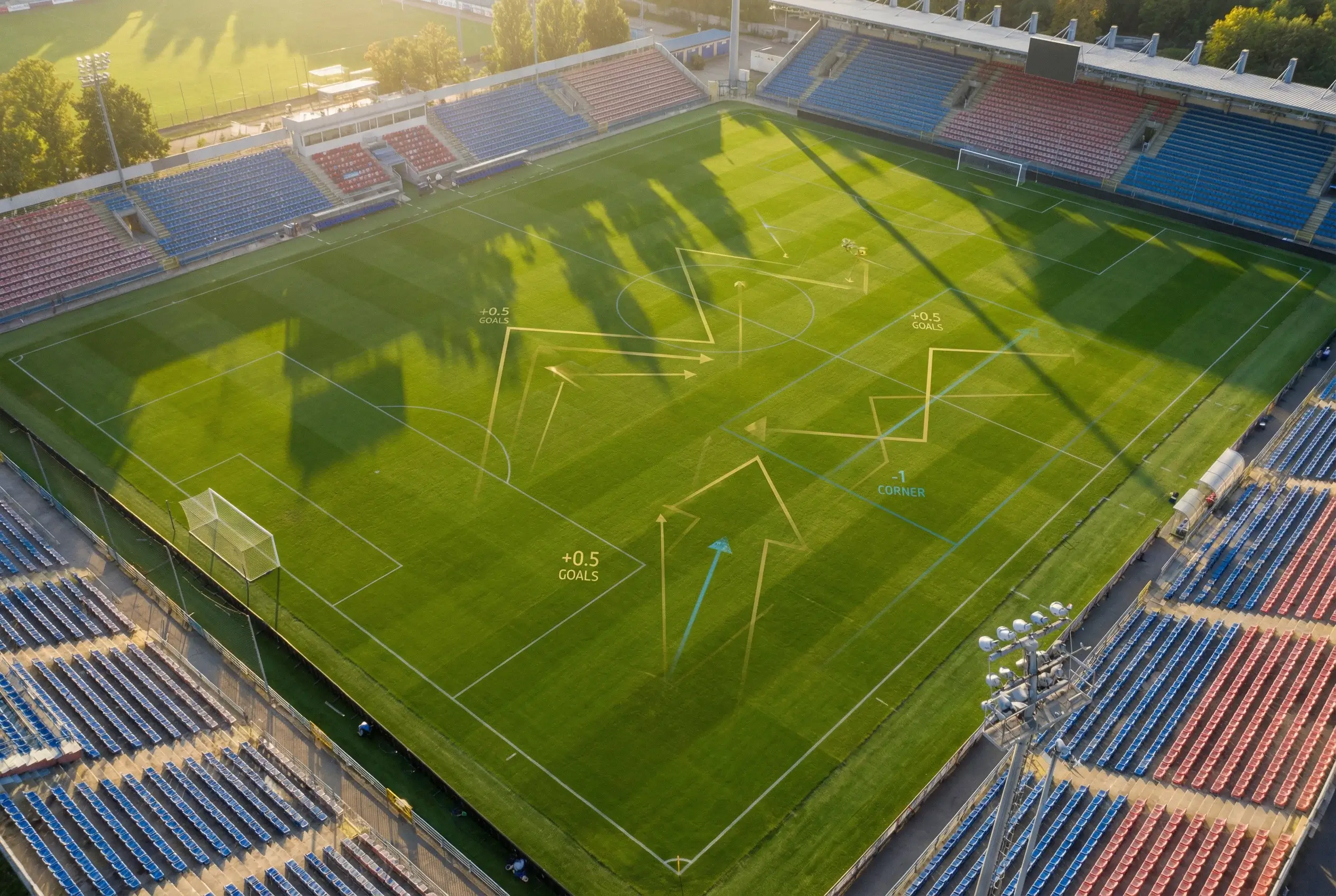 Campo de futebol visto de cima com linhas demarcatórias nítidas representando handicap e vantagens