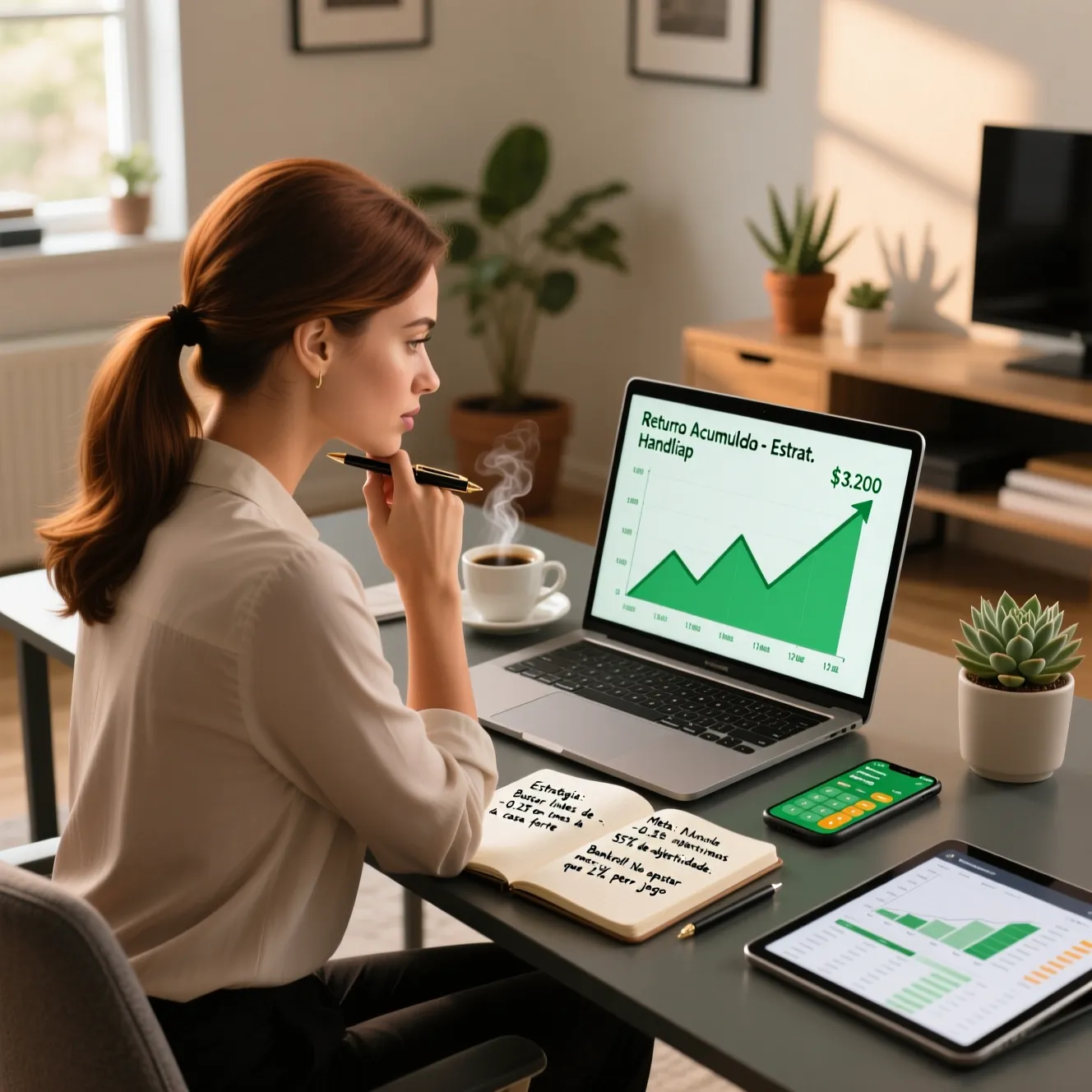 Profissional brasileira planejando estratégias de apostas com notebook laptop e gráfico de crescimento