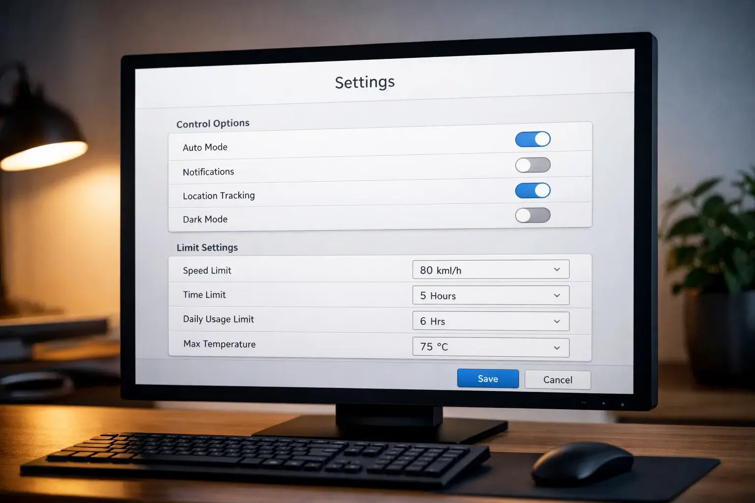 Tela de configurações mostrando opções de controle e limites