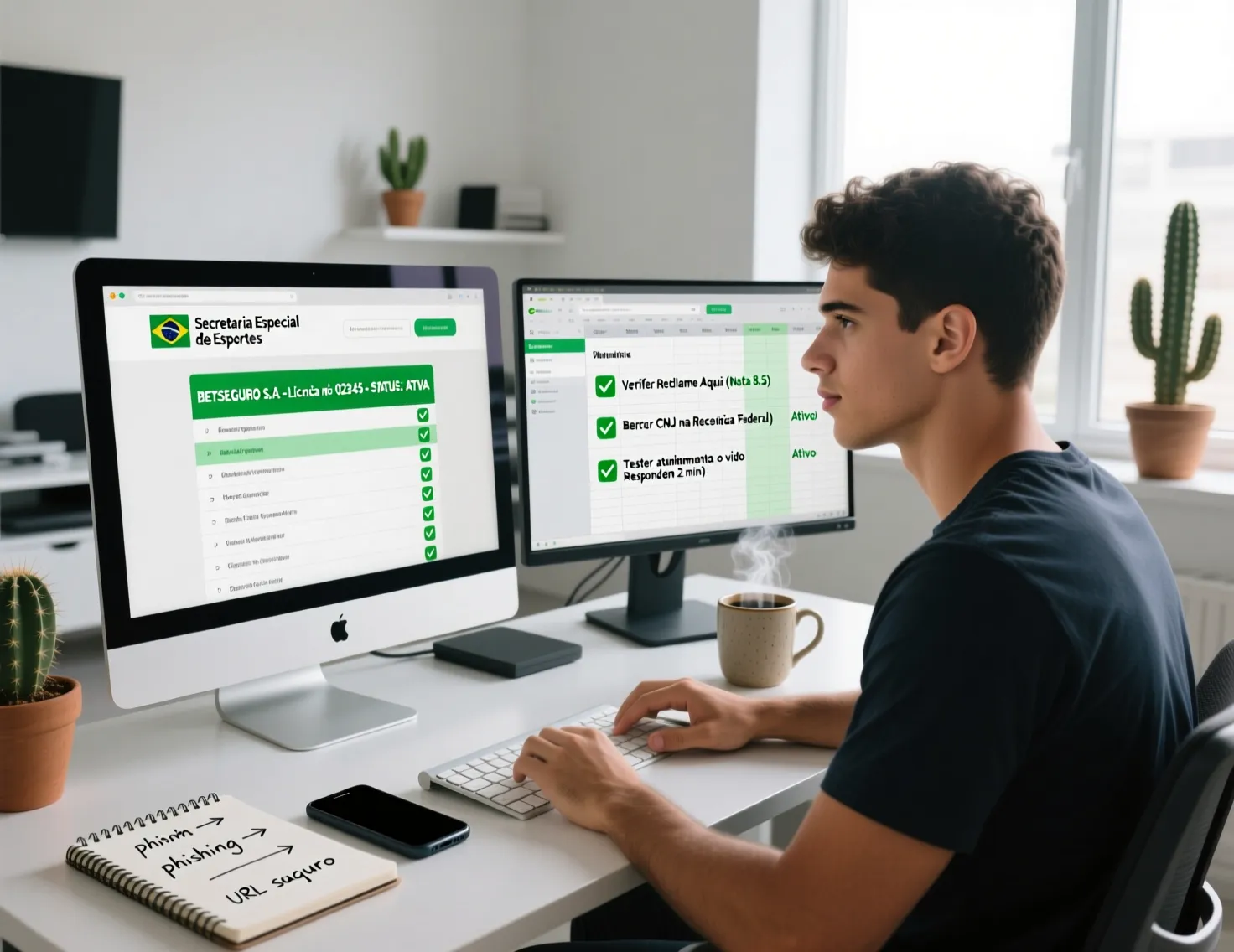 Profissional brasileiro em home office pesquisando em múltiplos monitores com checklist de verificação