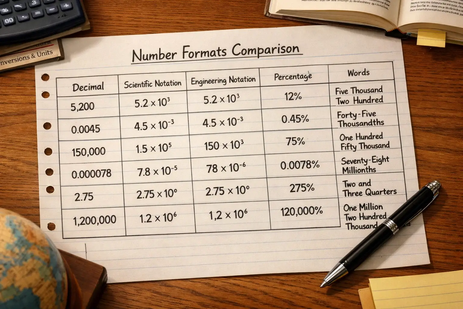 Tabela comparativa com diferentes formatos de números em papel