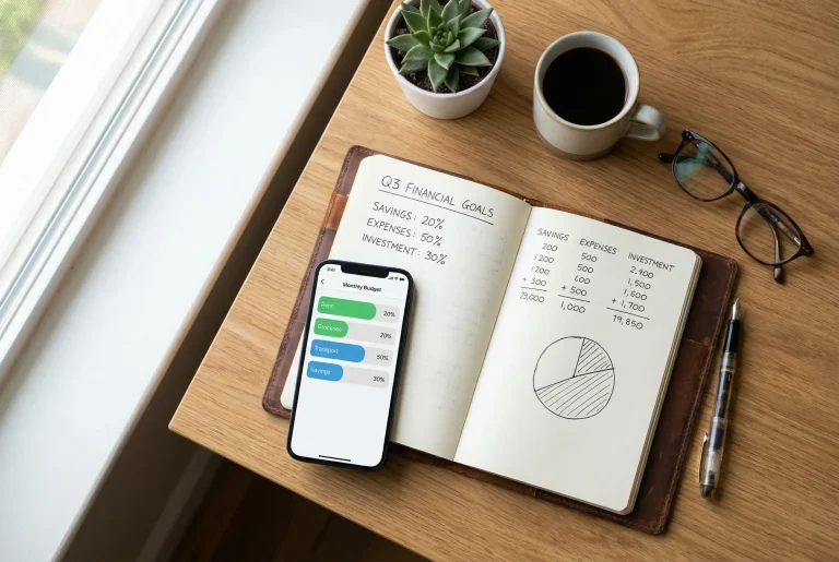 Mesa organizada com bloco de notas, caneta e smartphone mostrando controle financeiro pessoal