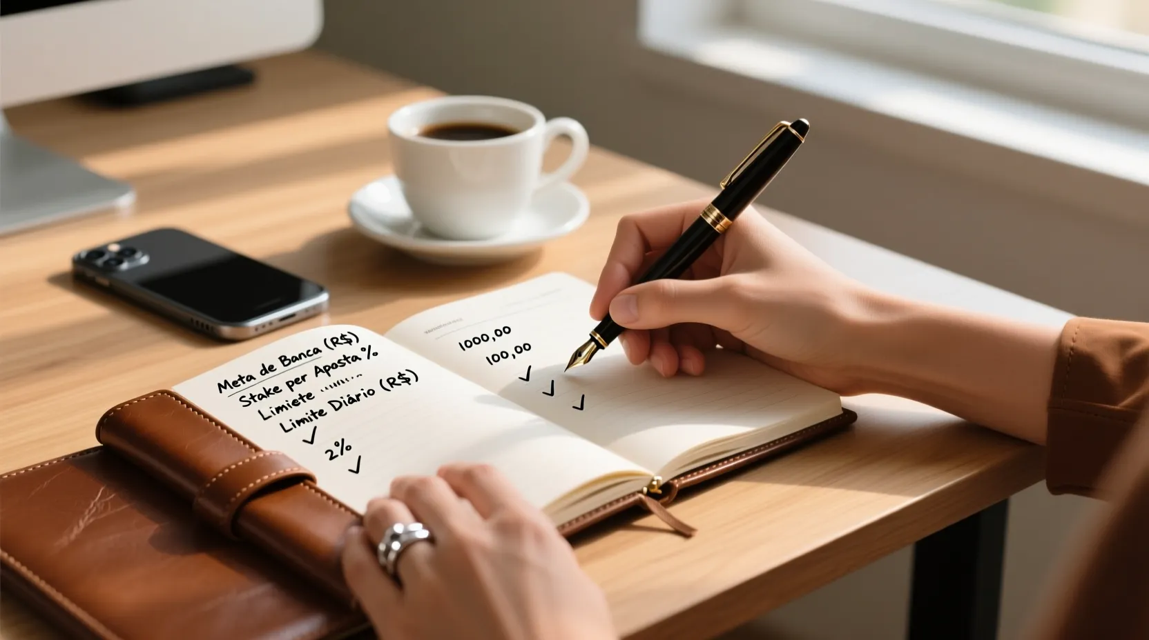 Mãos escrevendo em caderno de couro com lista organizada, representando planejamento estratégico e gestão disciplinada de apostas