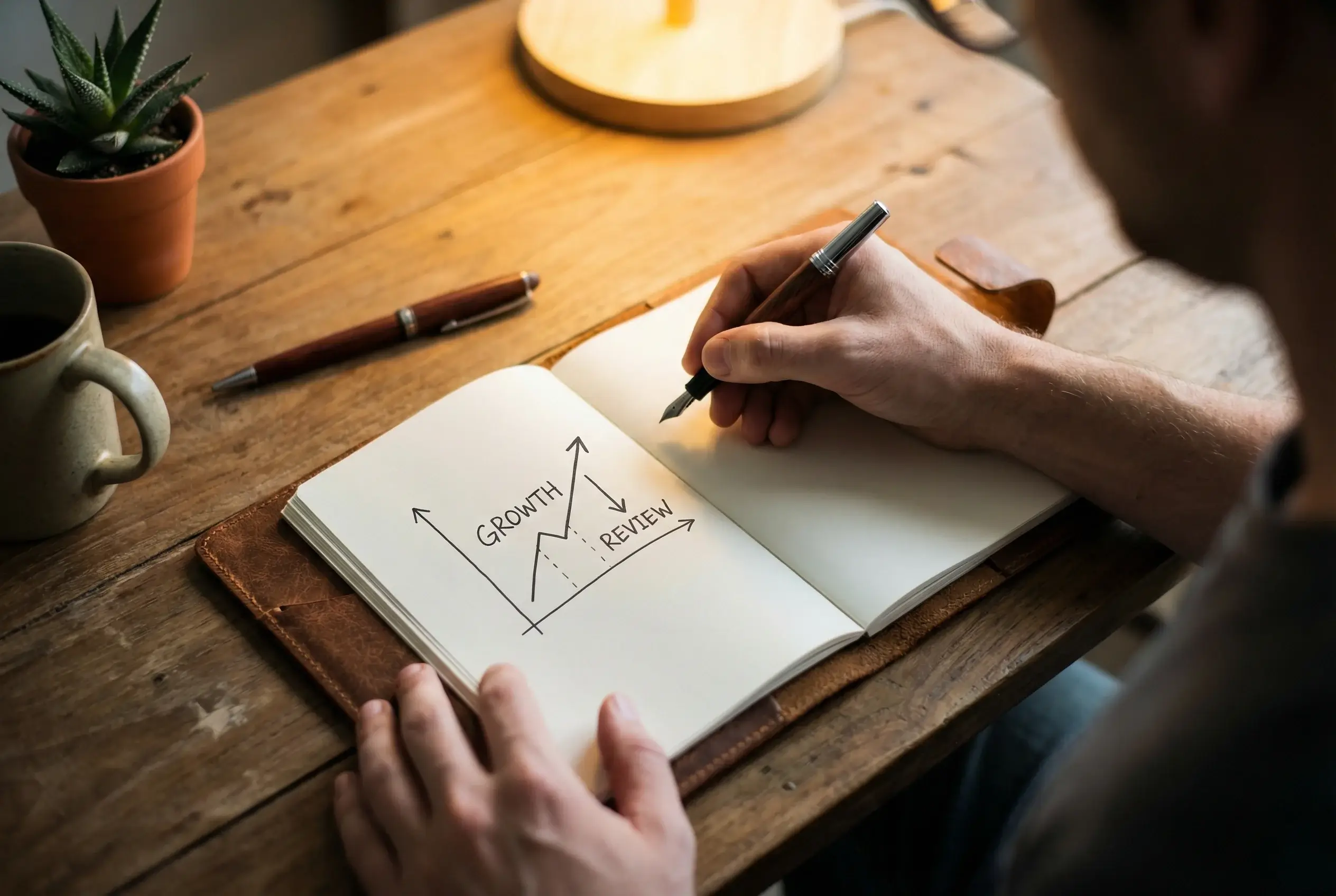 Pessoa fazendo anotações em caderno com gráfico simples desenhado à mão