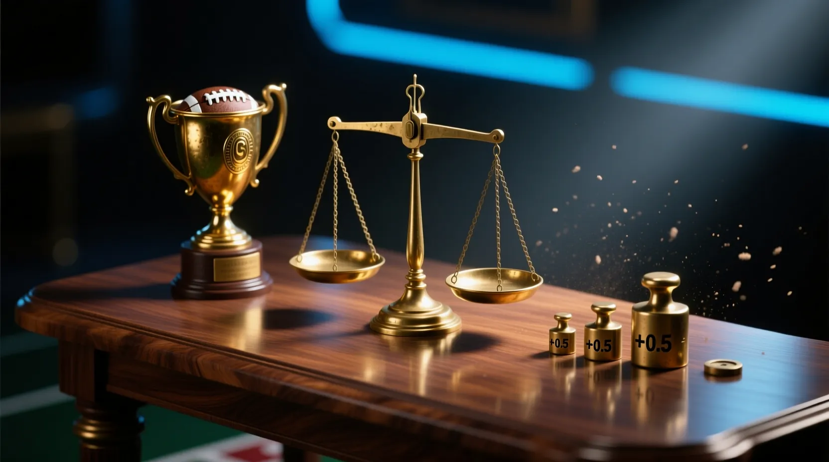 Balança de latão vintage representando o conceito de handicap asiático com troféu de futebol e pesos numerados