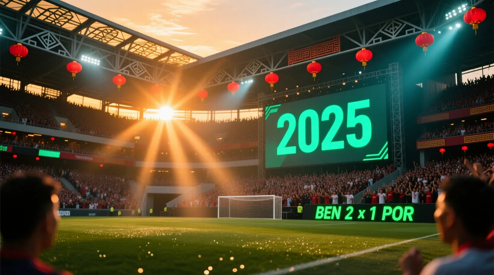 Estádio de futebol moderno com iluminação dramática ao entardecer, representando o mundo das apostas esportivas profissionais