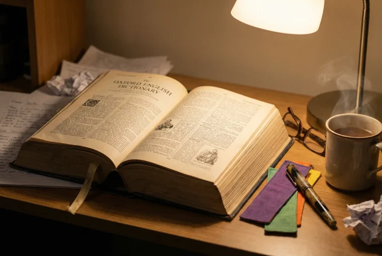 Livro aberto sobre mesa com marcadores e caneta ao lado