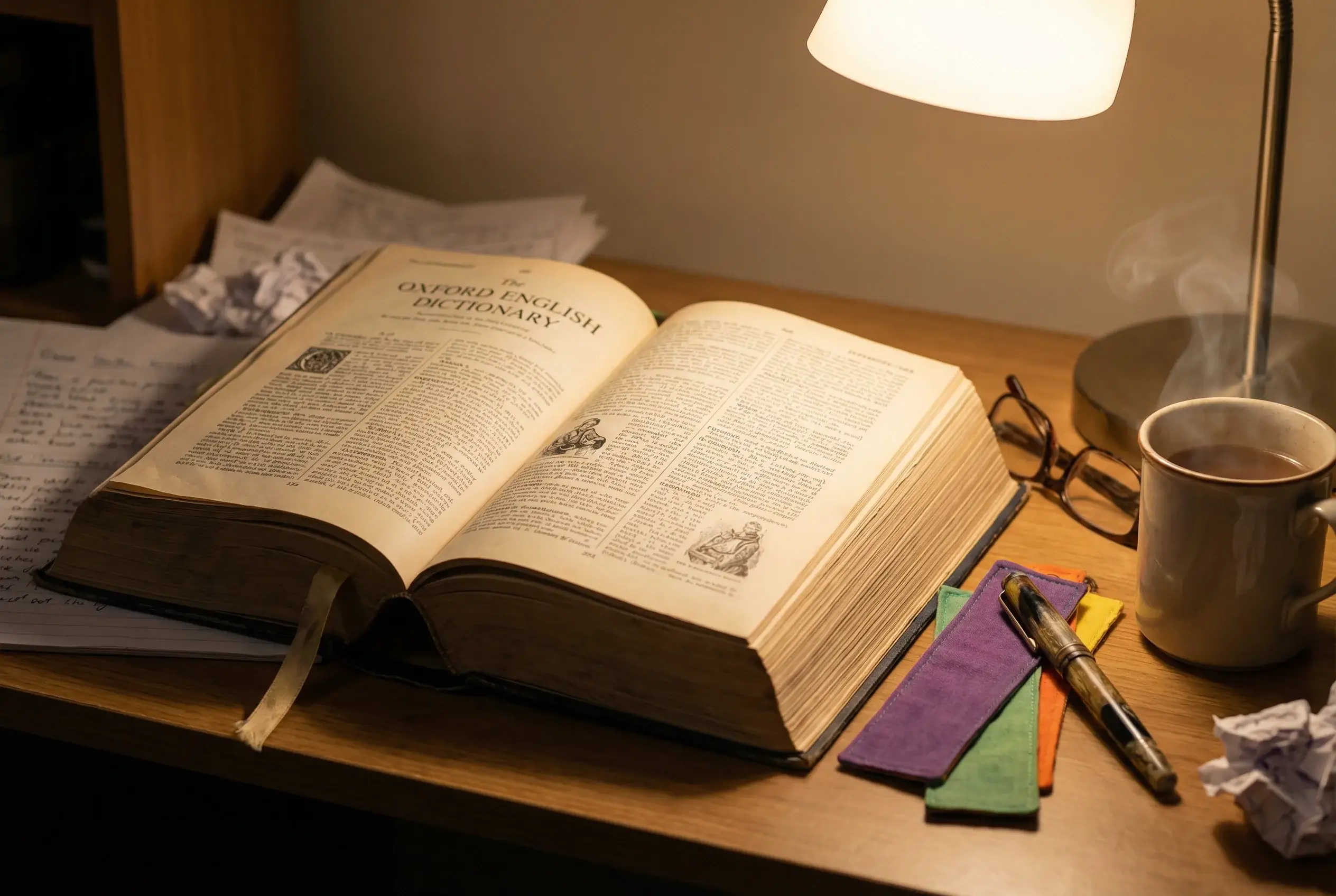 Livro aberto sobre mesa com marcadores e caneta ao lado