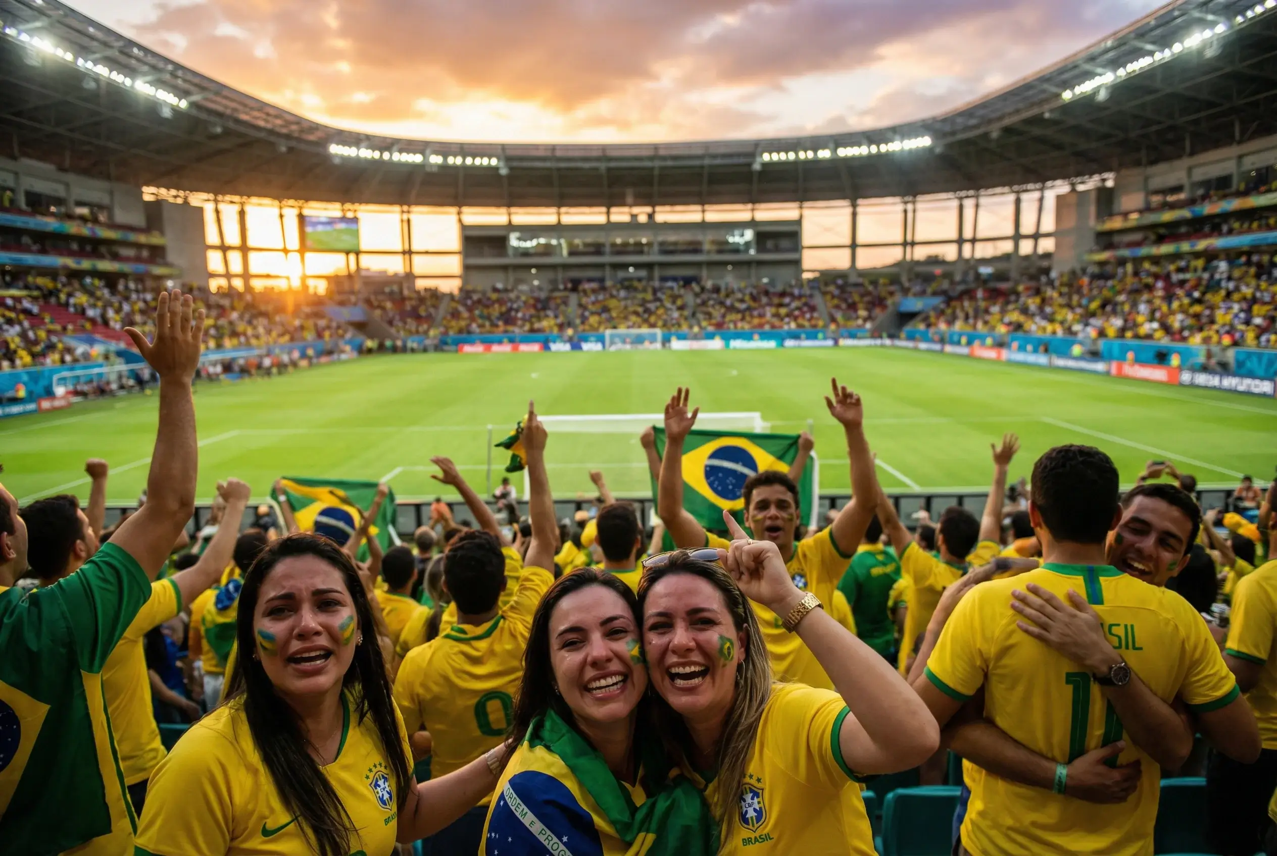 Torcedores vibrando em estádio de futebol com campo verde ao fundo