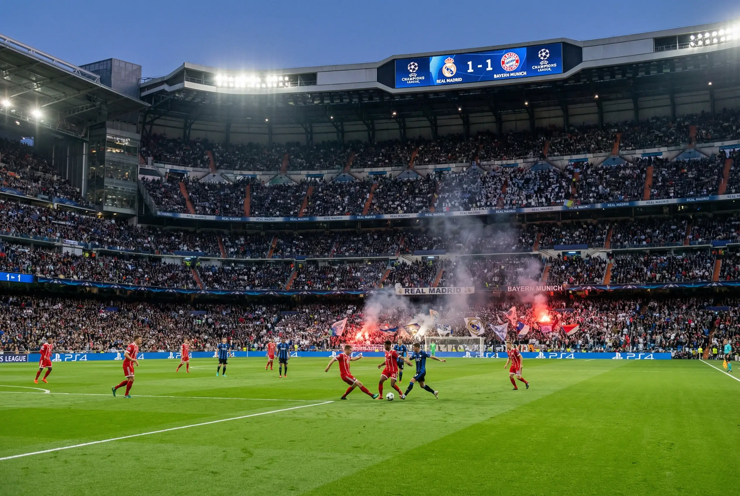 Partida de futebol em estádio europeu com dois times em campo