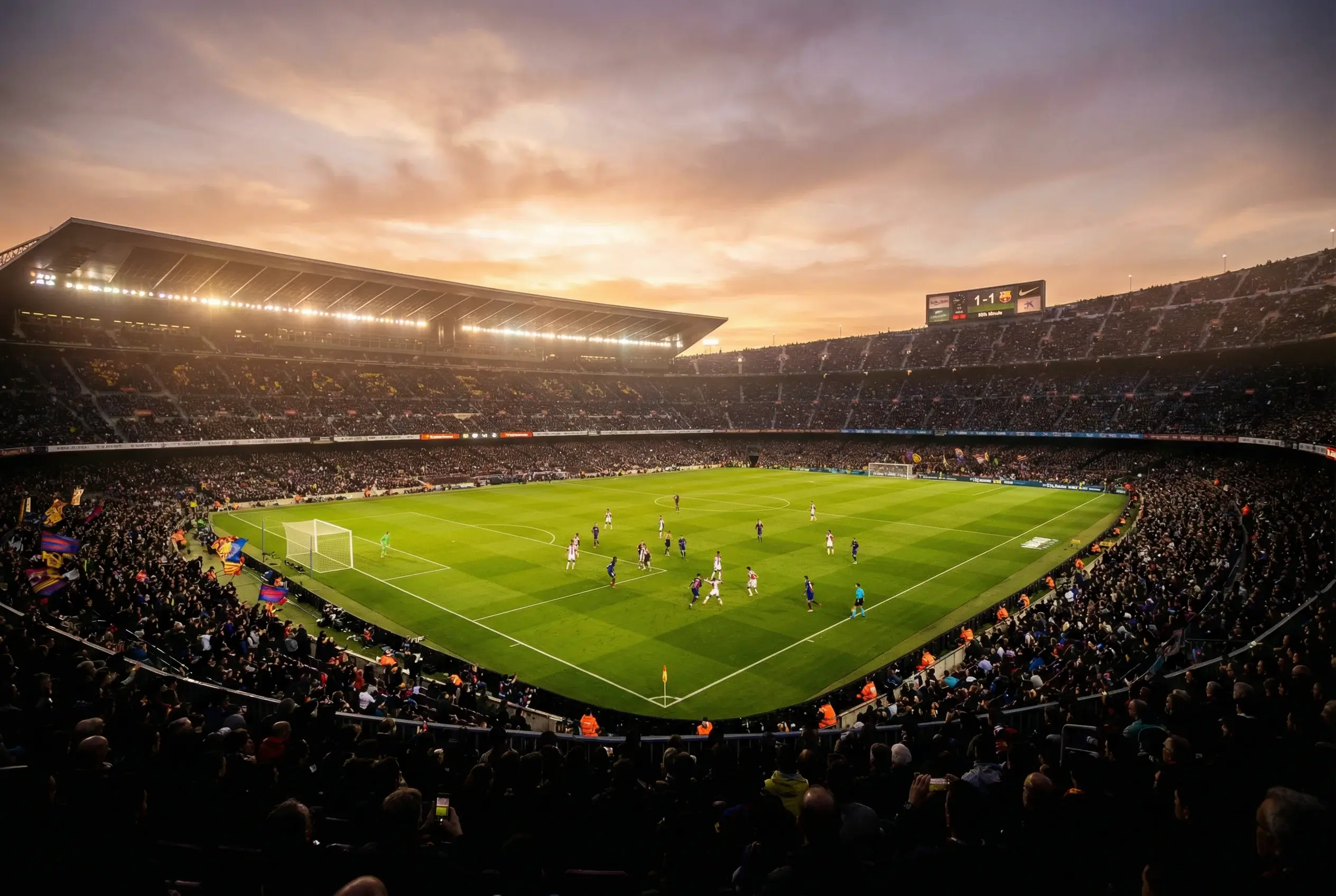 Partida de futebol equilibrada em estádio lotado ao entardecer