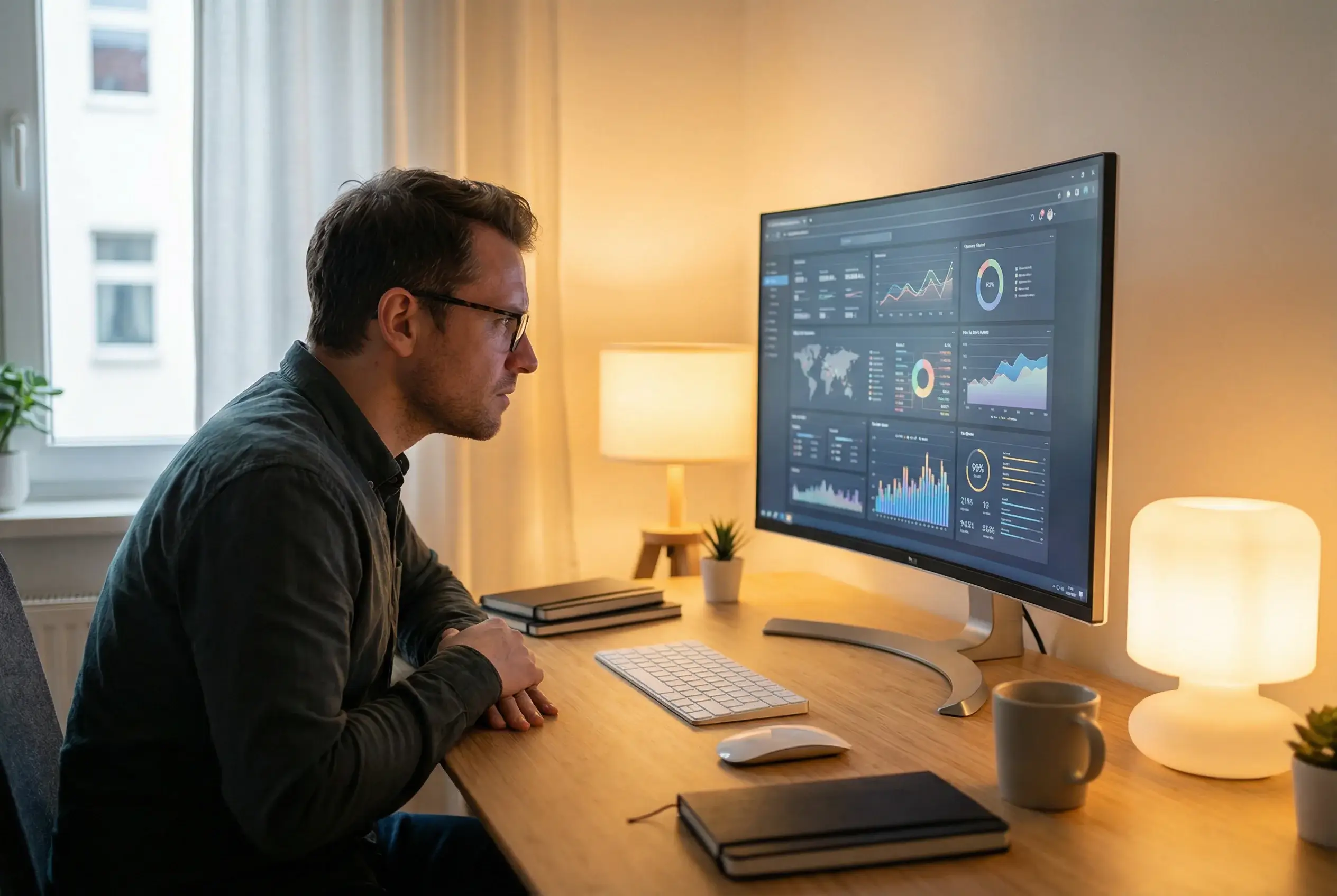 Pessoa analisando dados em tela de computador com expressão concentrada