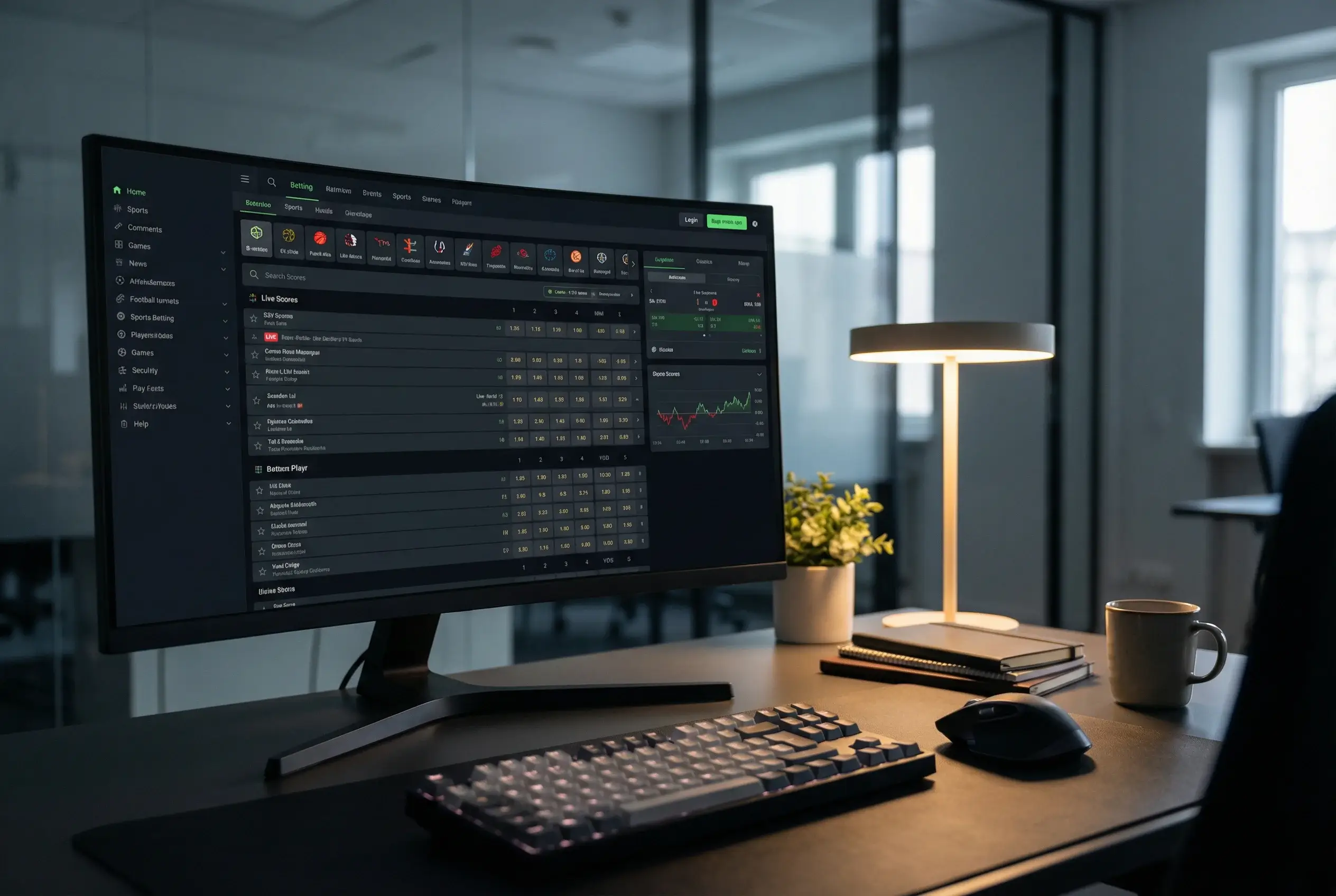 Tela de computador mostrando plataforma de apostas esportivas em ambiente profissional