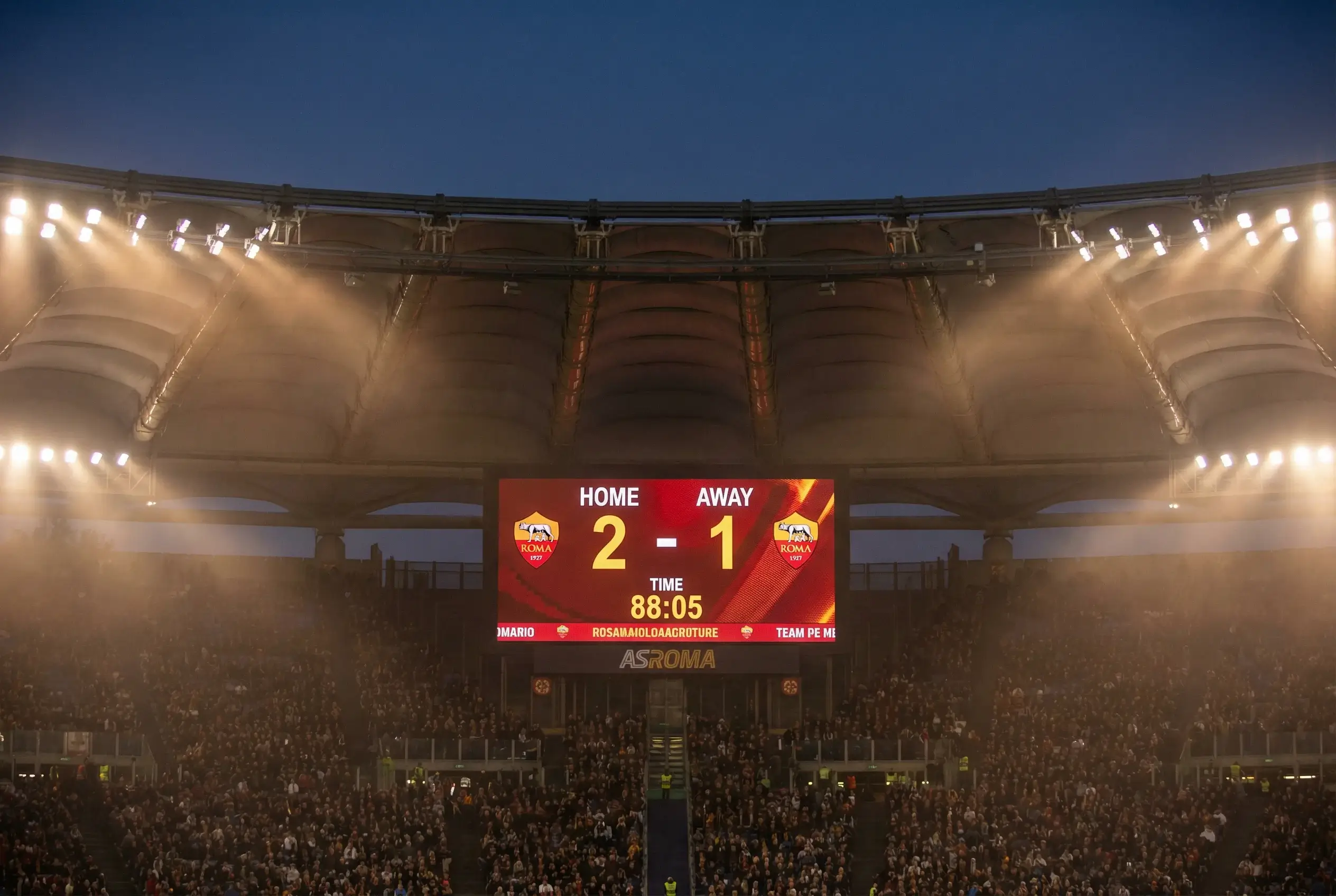 Placar eletrônico de estádio mostrando resultado de partida de futebol
