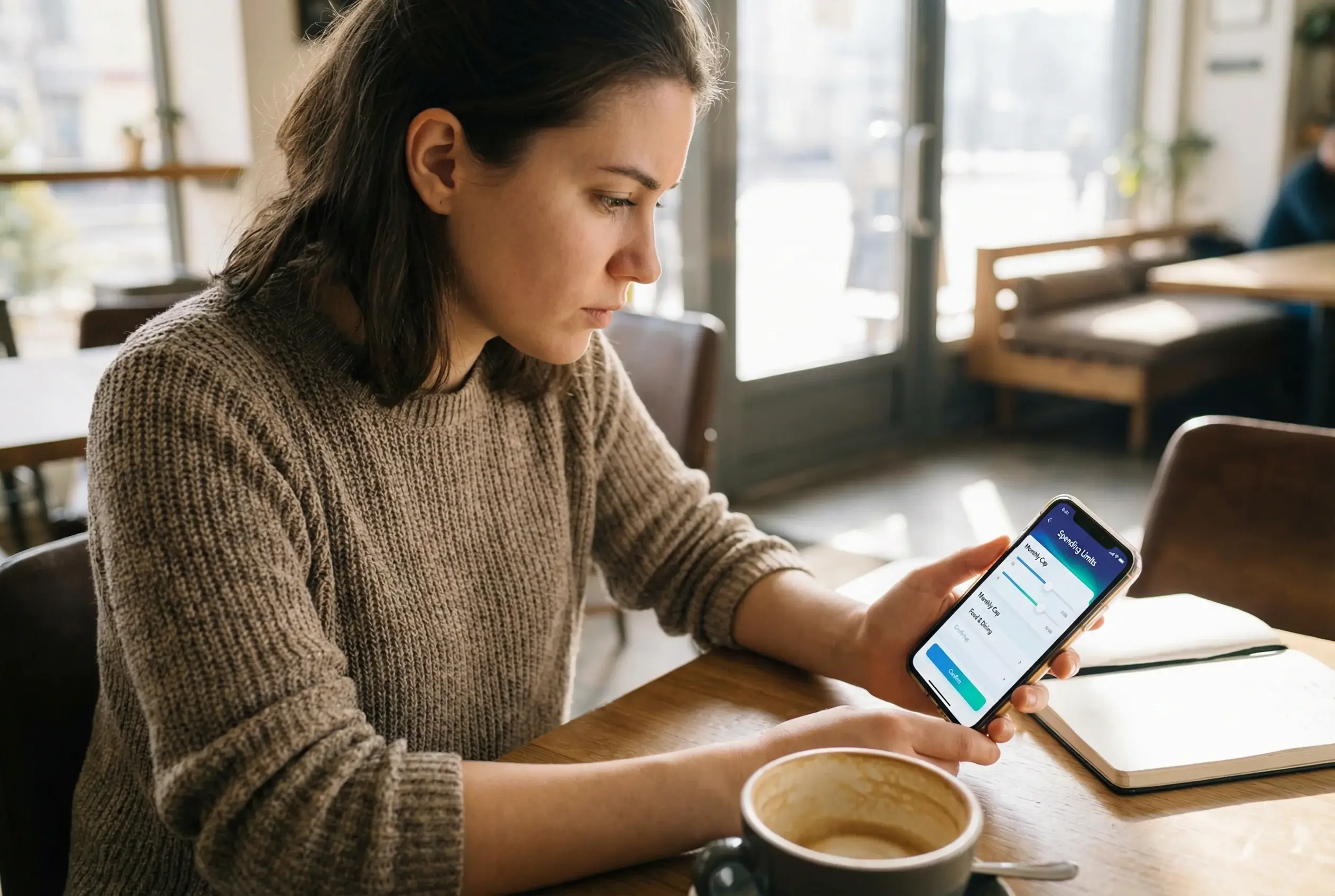 Pessoa configurando limites de gastos em aplicativo no smartphone com expressão consciente
