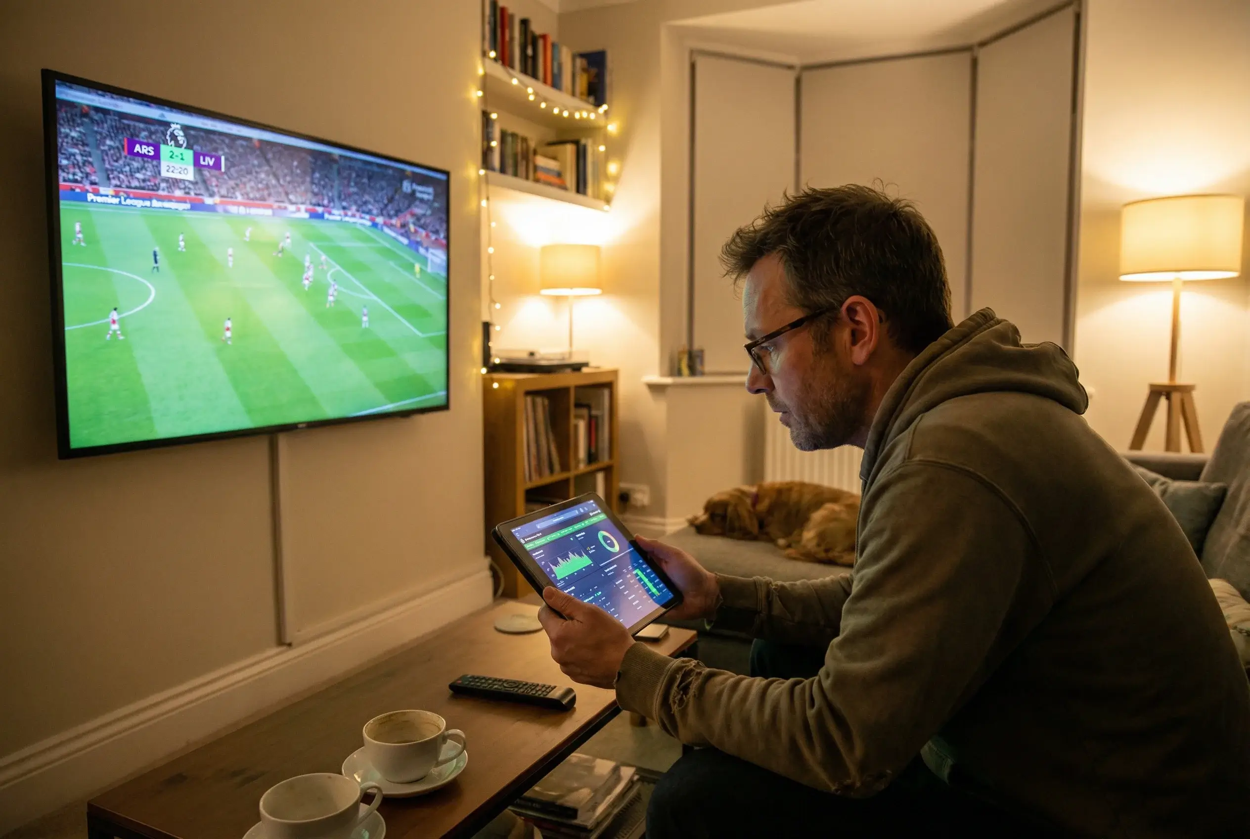Pessoa assistindo partida de futebol em televisão grande enquanto analisa estatísticas em tablet