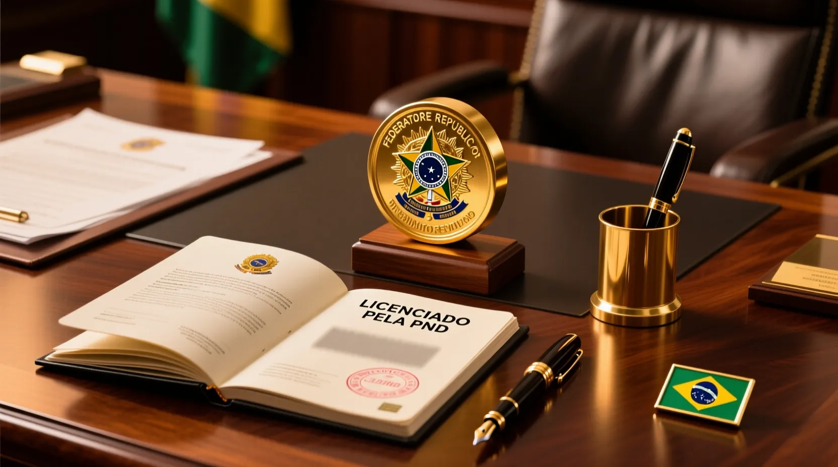 Documentos oficiais e selo dourado sobre mesa de madeira, representando licenciamento e regulamentação de apostas no Brasil
