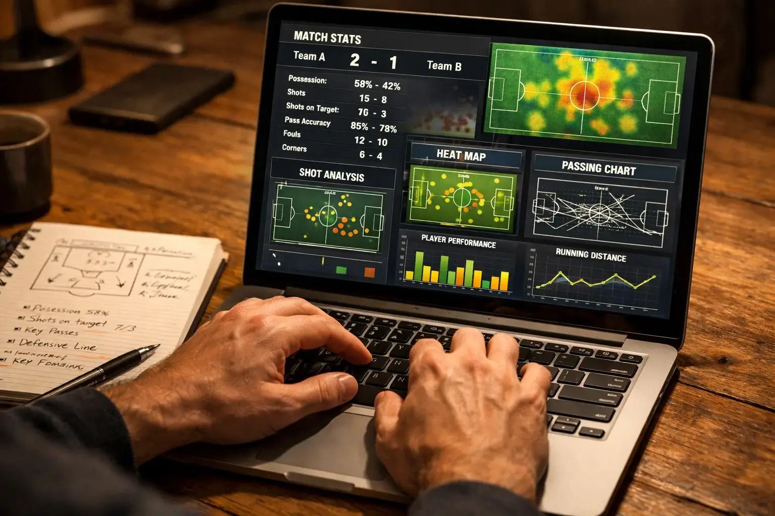 Pessoa analisando estatísticas de futebol em notebook com caderno de anotações