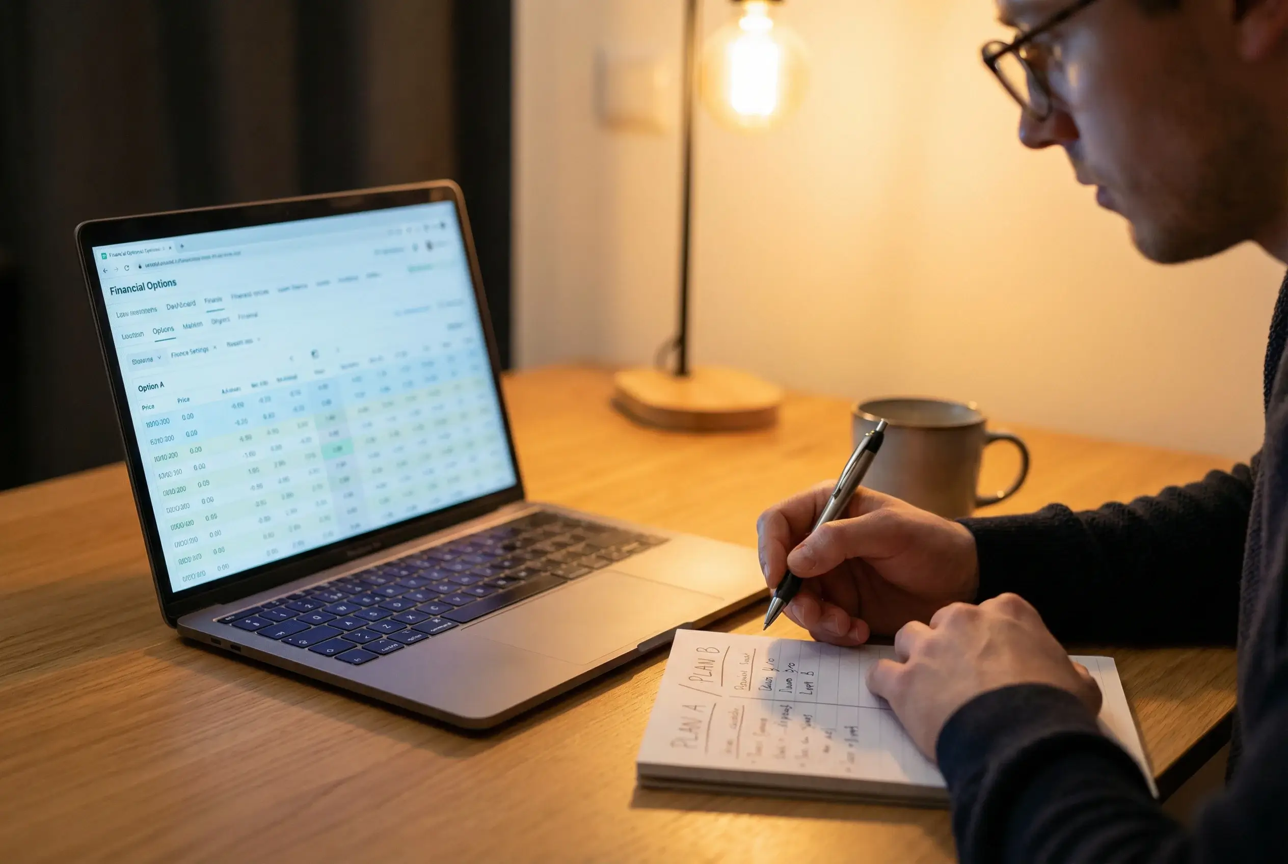 Pessoa estudando tabela de opções em notebook com anotações