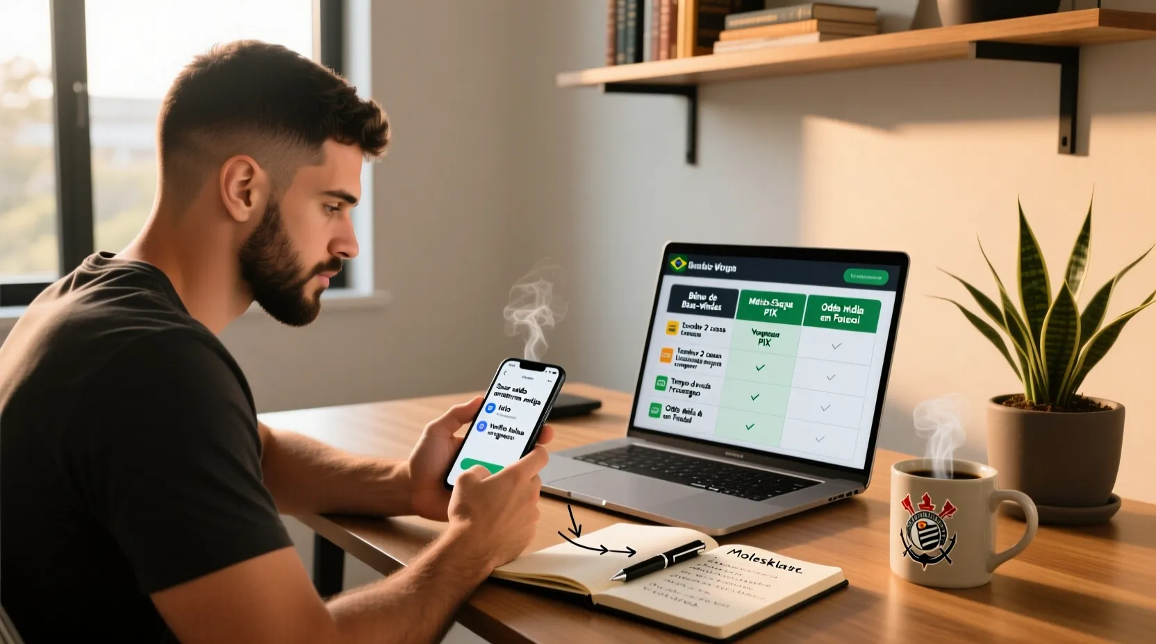 Homem brasileiro planejando transição para novas plataformas de apostas usando smartphone e laptop