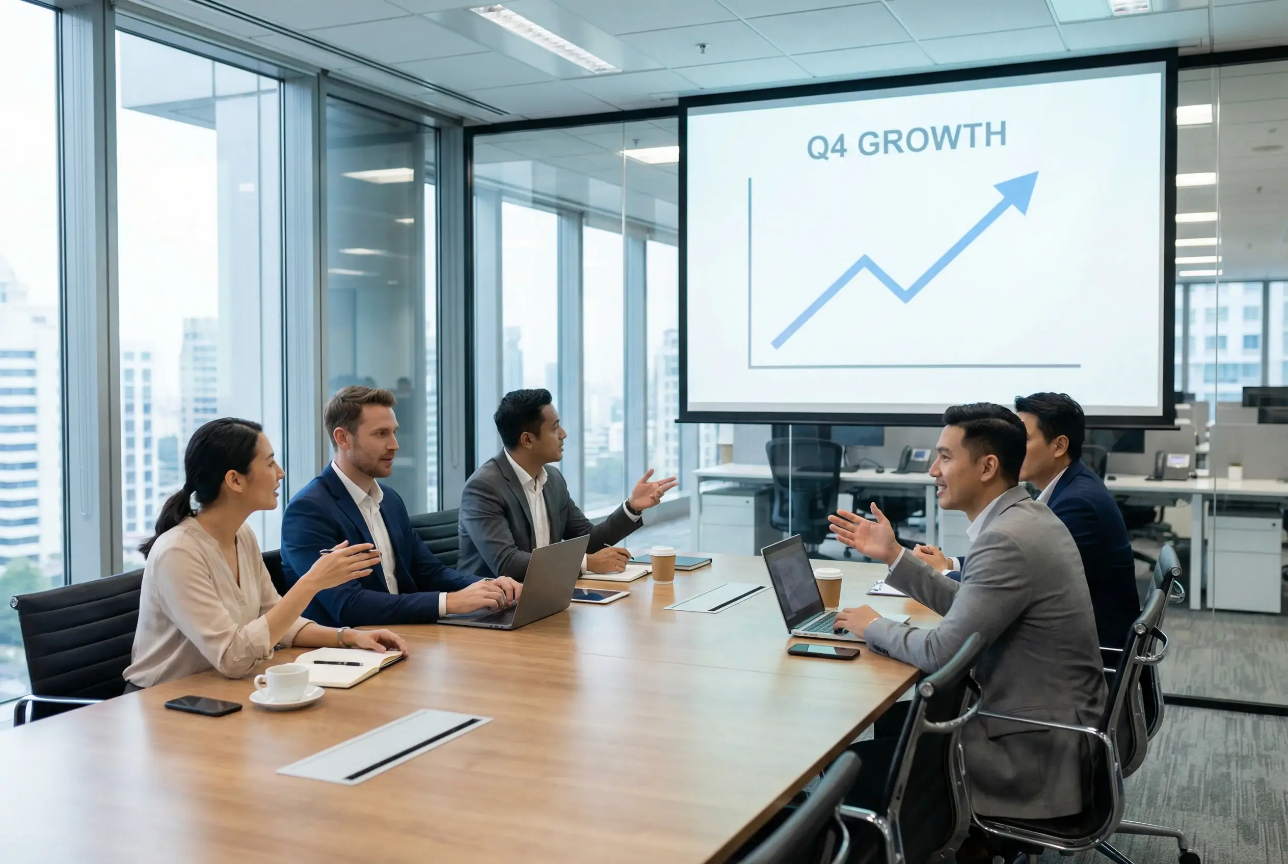 Reunião de negócios com gráficos de desempenho em apresentação