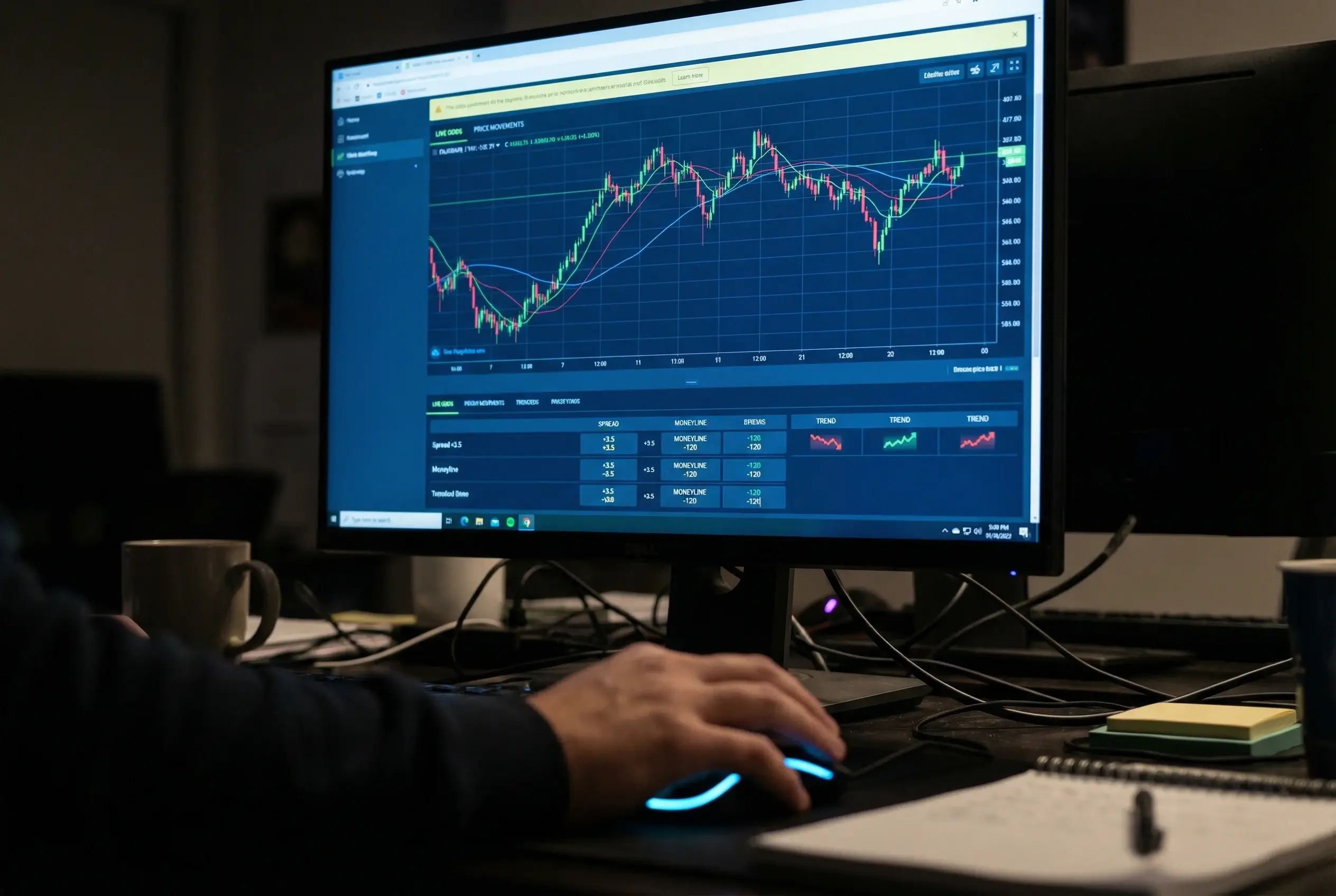 Tela de computador mostrando gráfico de linhas com movimentos de odds em tempo real