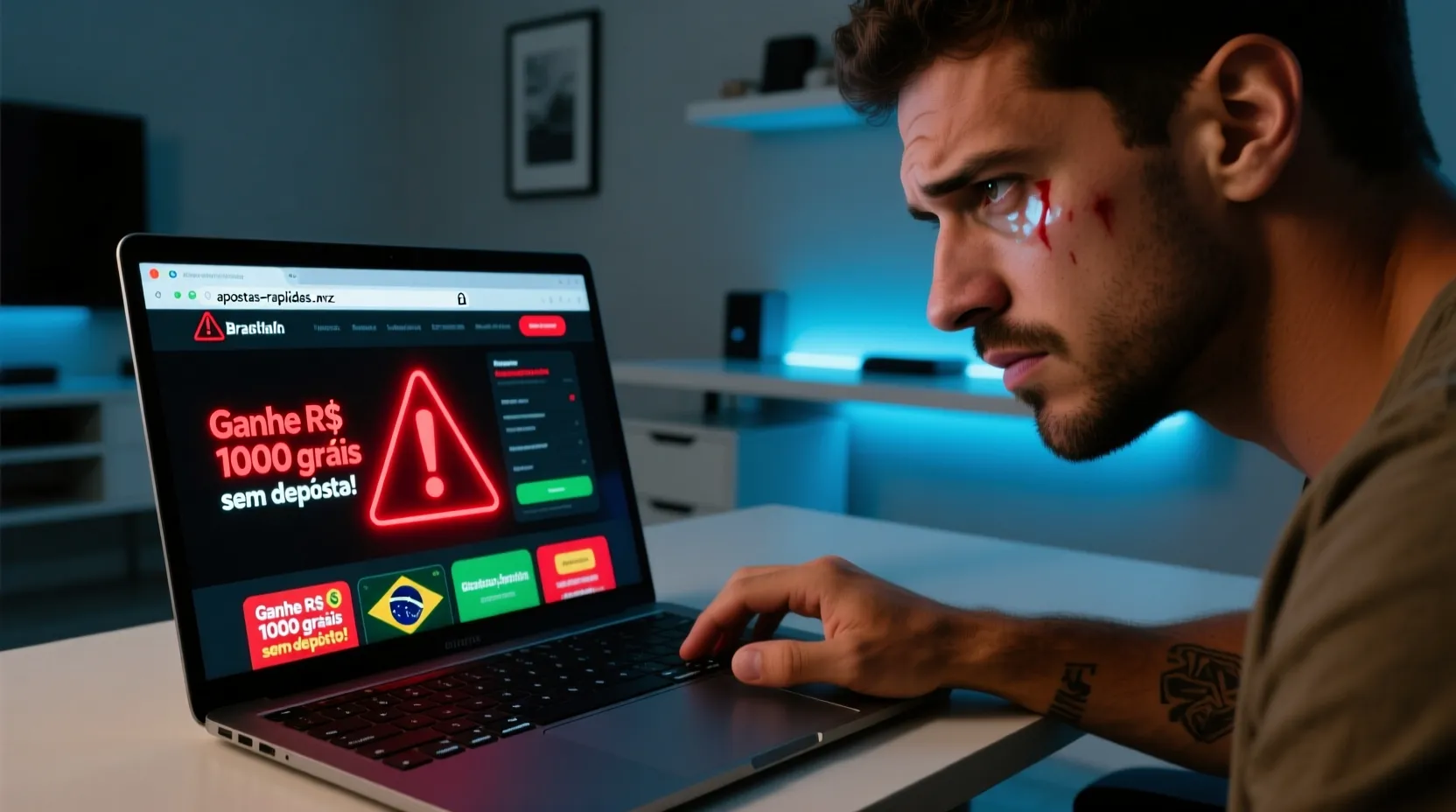 Pessoa com expressão desconfiada hesitando antes de clicar no teclado ao avaliar site suspeito